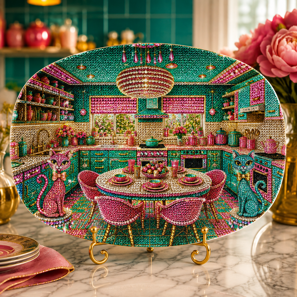 An oval decorative plate or tray displayed on a marble surface, featuring a highly detailed, colorful illustration of a luxurious kitchen interior with pink chairs, a round dining table, and cat-like figures at the table. The plate is shown in a styled kitchen setting with flowers and gold-toned stand legs.