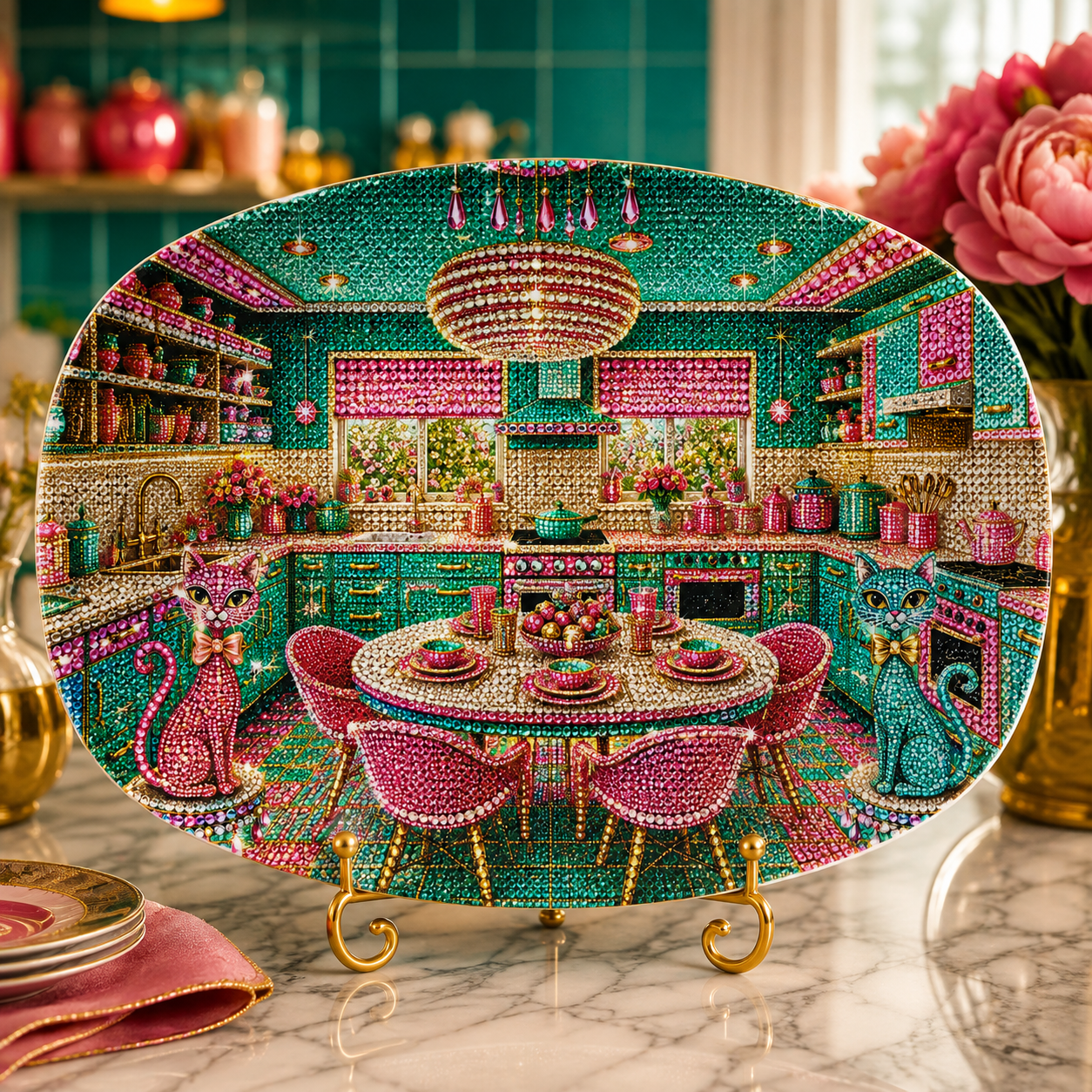 An oval decorative plate or tray displayed on a marble surface, featuring a highly detailed, colorful illustration of a luxurious kitchen interior with pink chairs, a round dining table, and cat-like figures at the table. The plate is shown in a styled kitchen setting with flowers and gold-toned stand legs.