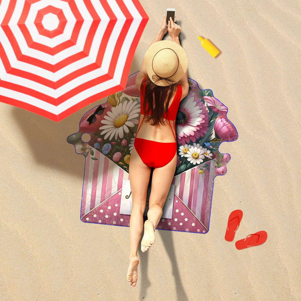 Beach Towel Blooming Beauty Bright Pink & Blue Flower Envelope Design Beach Towel Uniquely Shaped for Style Comfort by the Shore, Pool - MRSBYVALLE