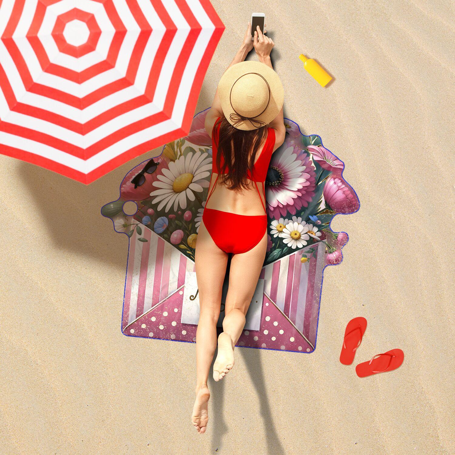 Beach Towel Blooming Beauty Bright Pink & Blue Flower Envelope Design Beach Towel Uniquely Shaped for Style Comfort by the Shore, Pool - MRSBYVALLE