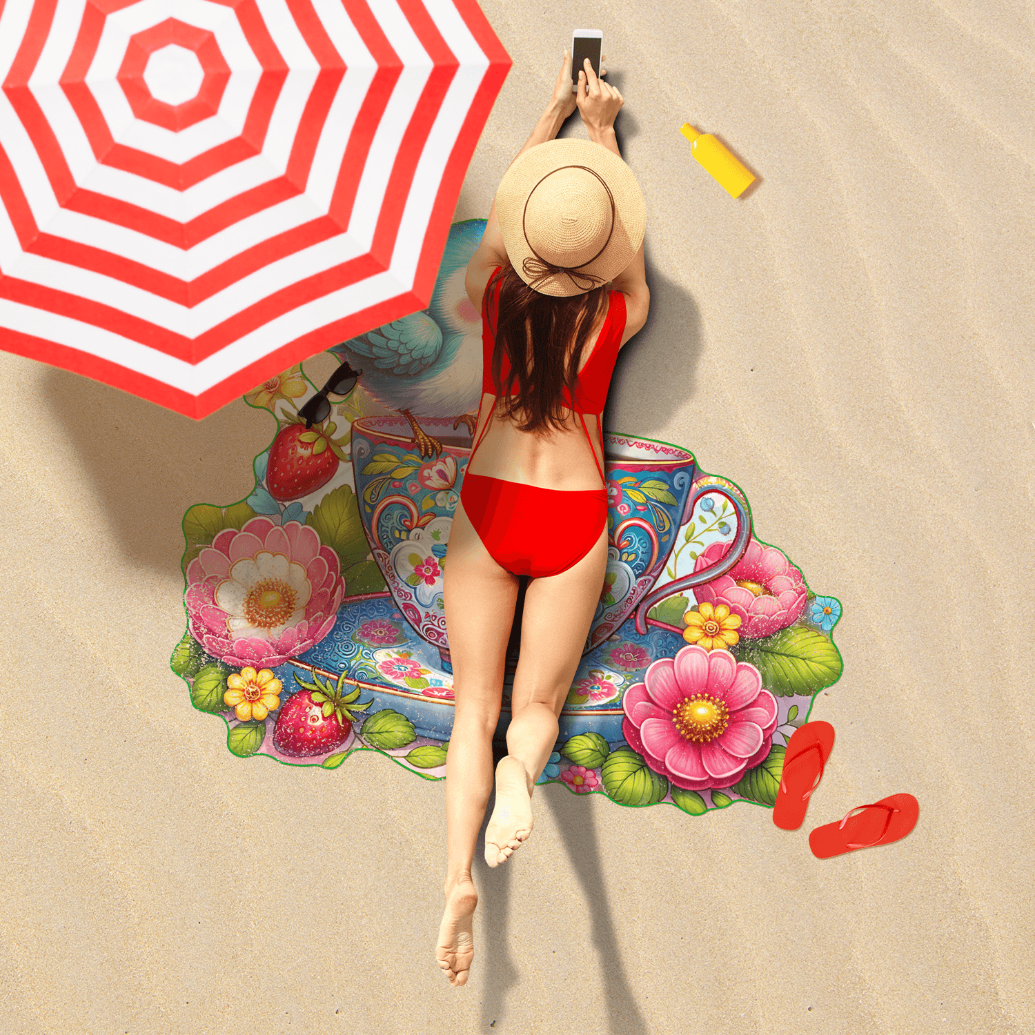 Beach Towel Unique Heart & Flowers Blue Bird Design Beach Towel - Vibrant, Absorbent, Perfect Shape for Sunbathing & Picnics - MRSBYVALLE