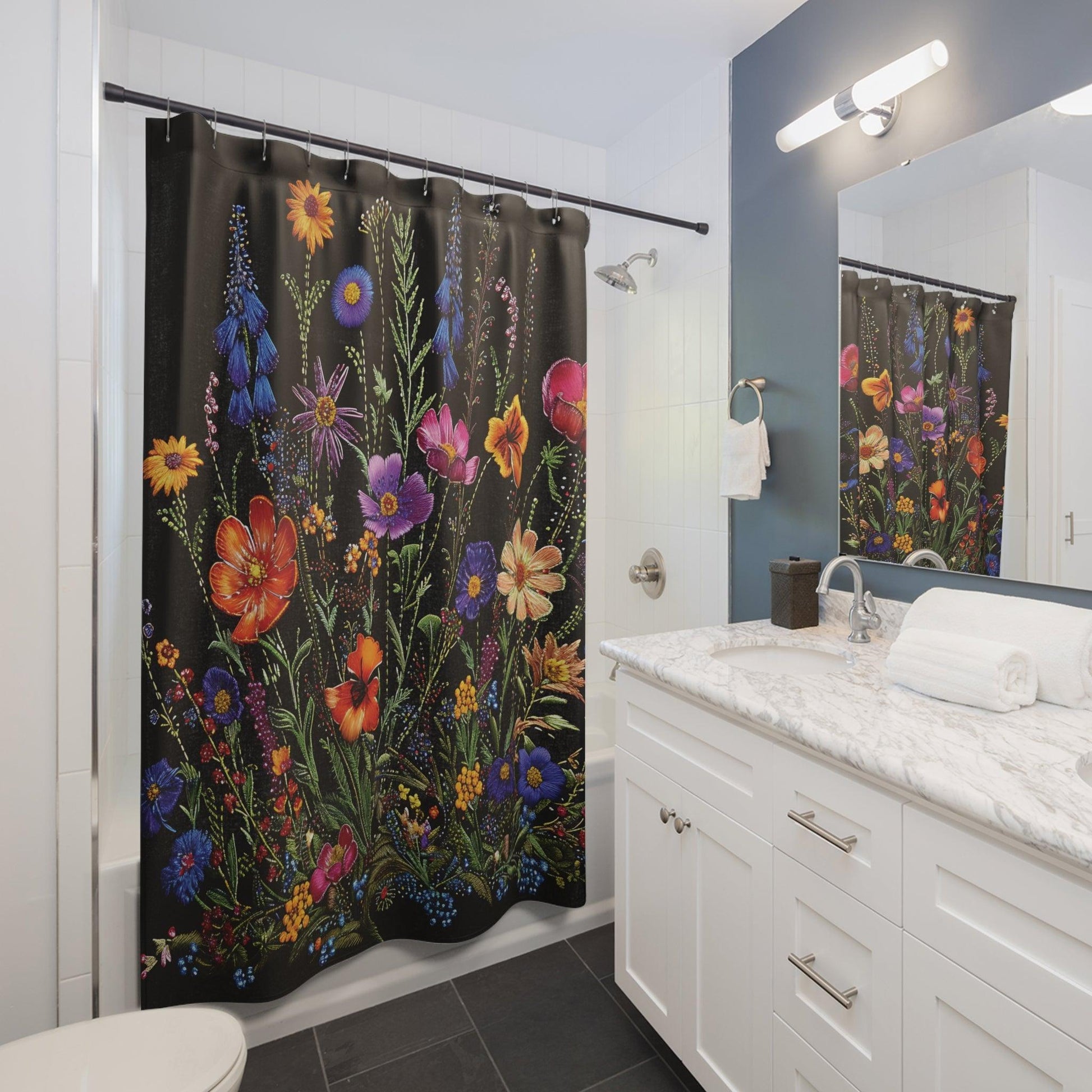 Black BOHO Cottagecore Flowers Shower Curtain Nature-Inspired Elegance for Your Bathroom Oasis Housewarming New House Gift Newlywed Wedding Gift - MRSBYVALLE