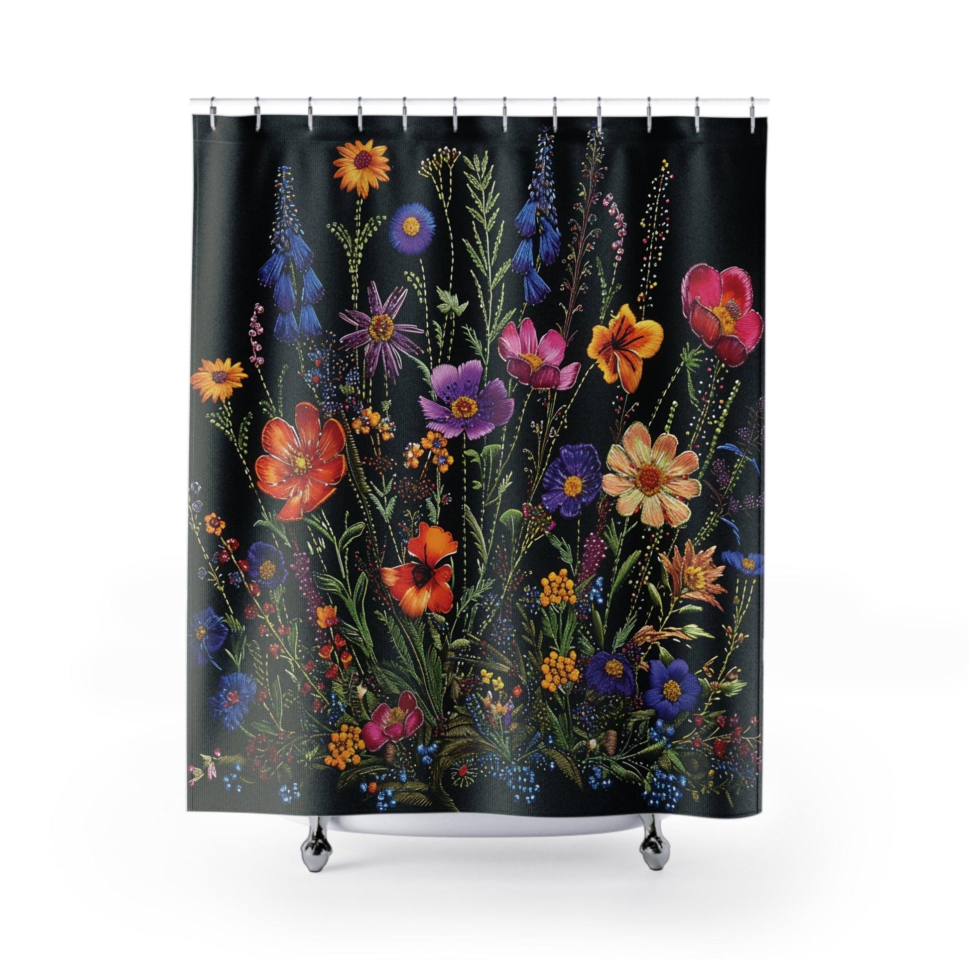 Black BOHO Cottagecore Flowers Shower Curtain Nature-Inspired Elegance for Your Bathroom Oasis Housewarming New House Gift Newlywed Wedding Gift - MRSBYVALLE