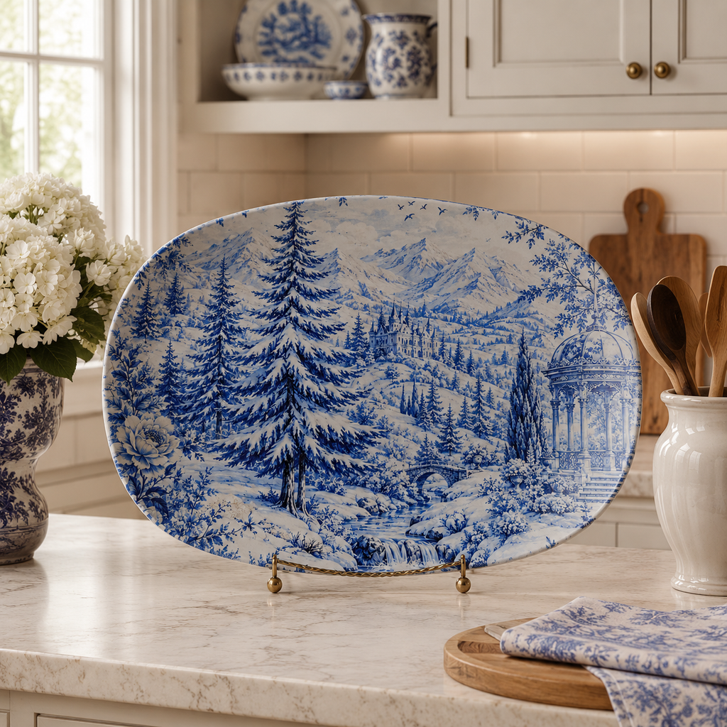 Winter Manor Blue Toile Serving Platter | French Country Table Decor