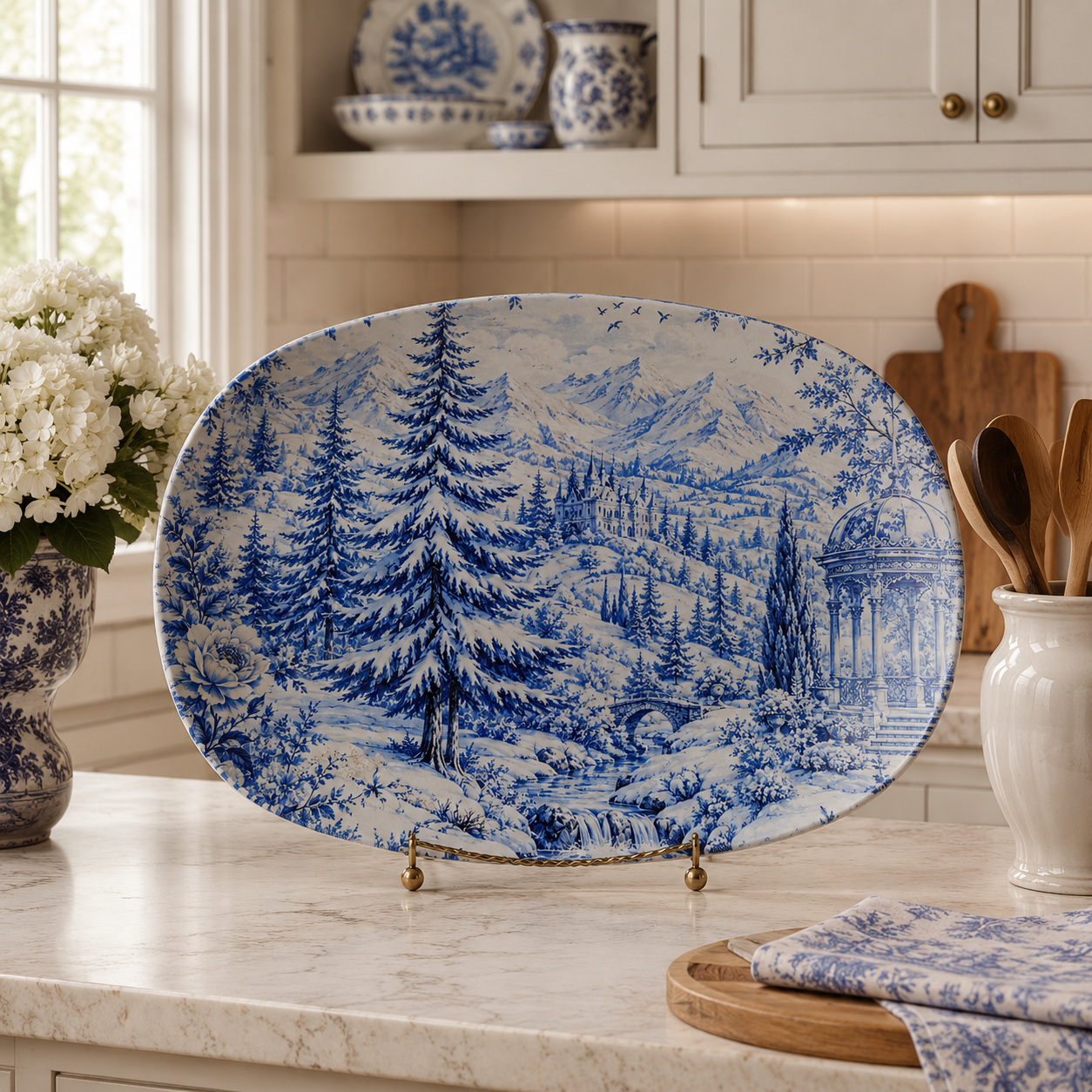 Winter Manor Blue Toile Serving Platter | French Country Table Decor