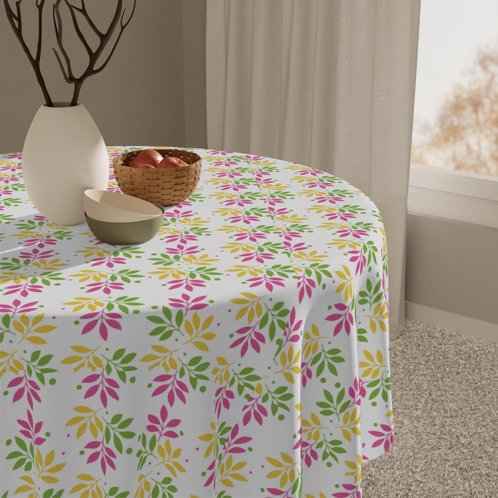 Boho Chic Pink, Mint Green & Yellow Leaf Pattern Tablecloth Perfect for Adding a Botanical Touch to Any Dining Room, Kitchen Table or Outdoor Setting for Home, Weddings, Birthdays all Events Durable & Stylish for All Occasions - MRSBYVALLE