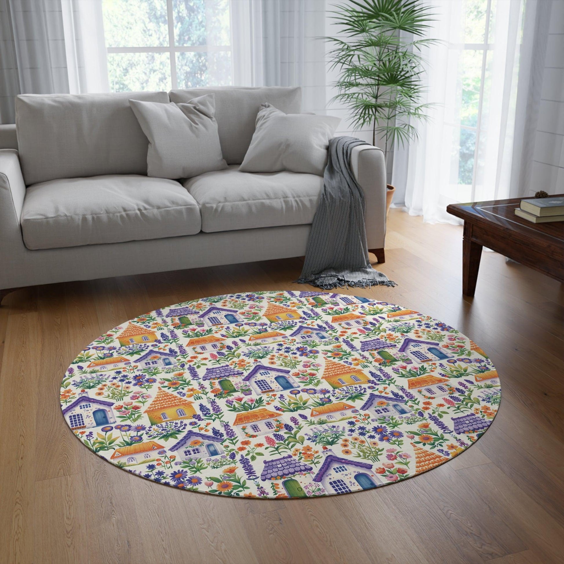 Boho Cottagecore Garden Houses Round Rug (60x60) Whimsical & Earthy Floor Decor Your Home Decor, Housewarming Gift Newlywed New House Rug interior Designer - MRSBYVALLE