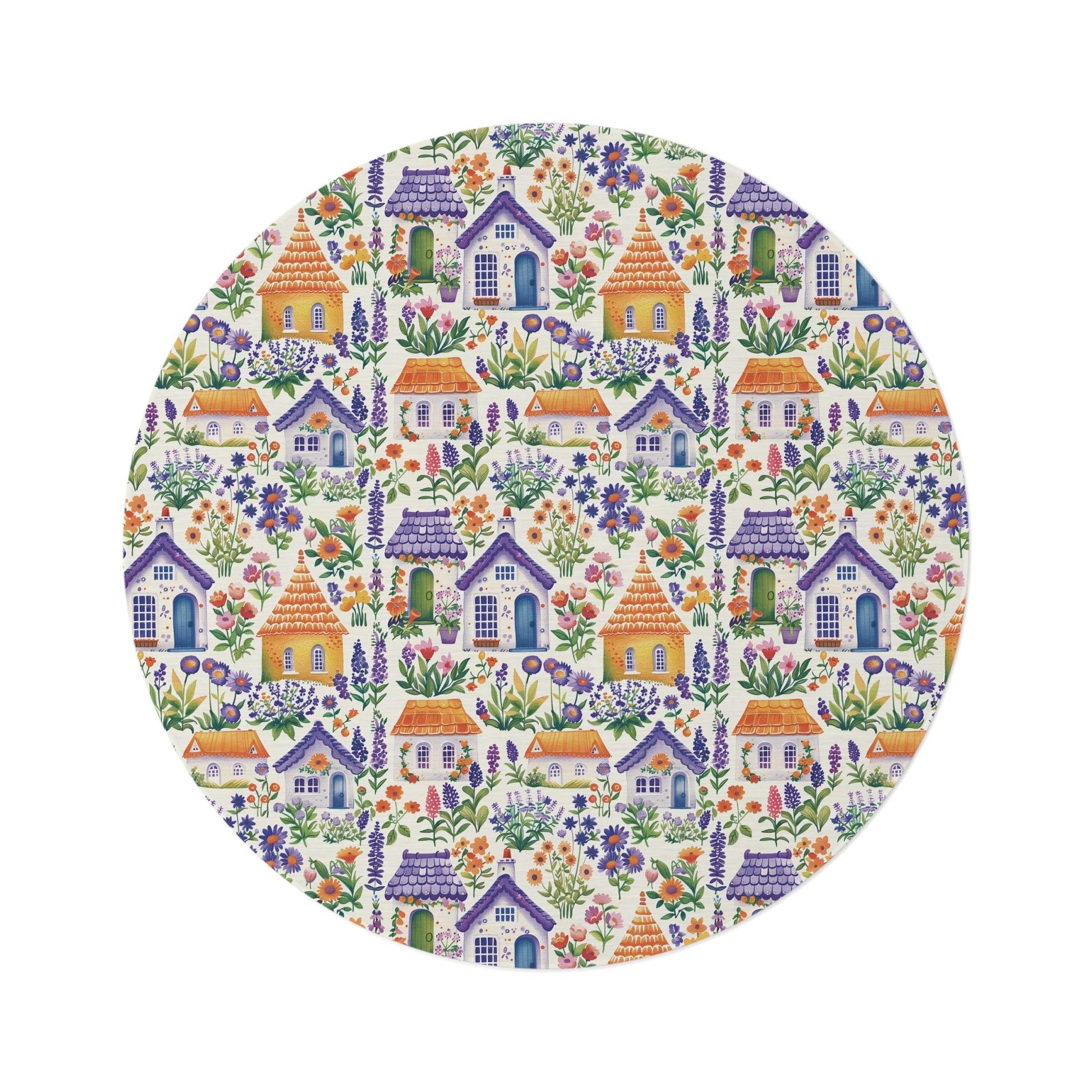 Boho Cottagecore Garden Houses Round Rug (60x60) Whimsical & Earthy Floor Decor Your Home Decor, Housewarming Gift Newlywed New House Rug interior Designer - MRSBYVALLE