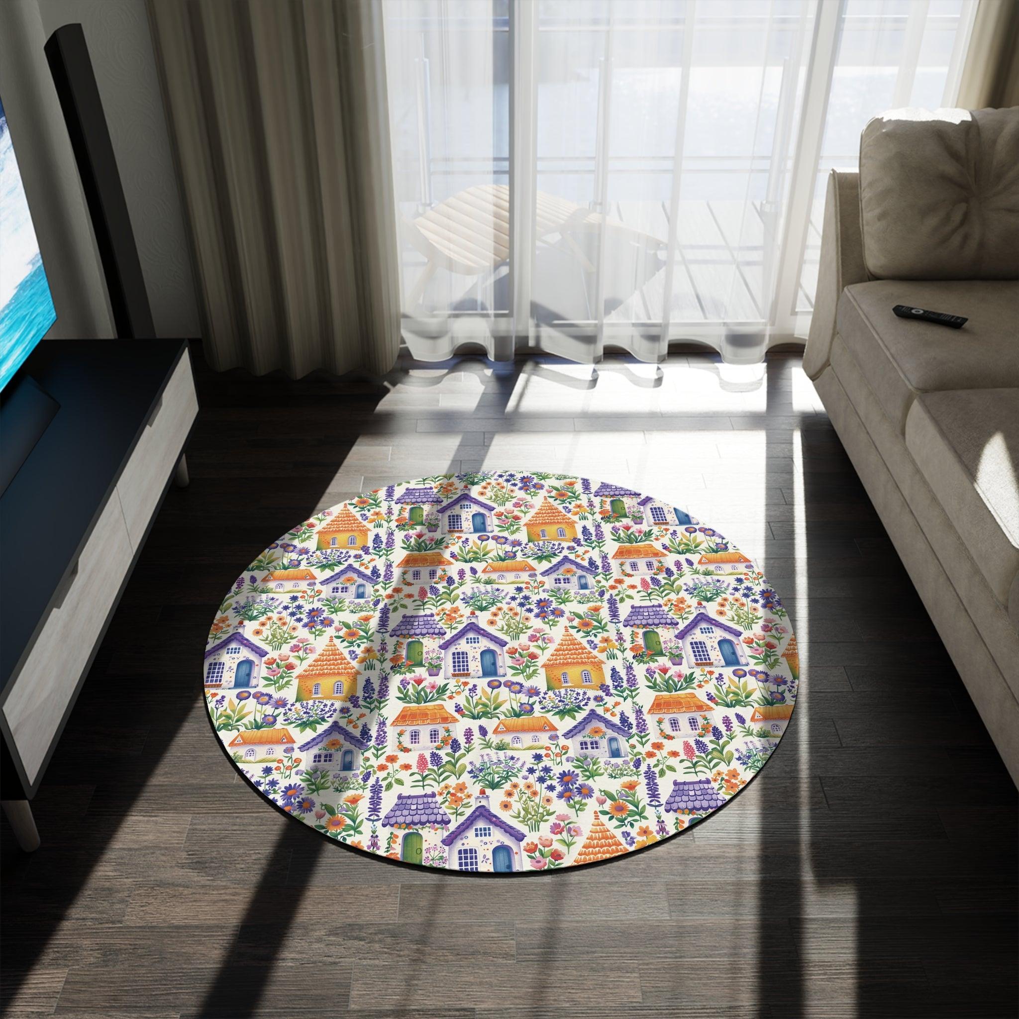 Boho Cottagecore Garden Houses Round Rug (60x60) Whimsical & Earthy Floor Decor Your Home Decor, Housewarming Gift Newlywed New House Rug interior Designer - MRSBYVALLE