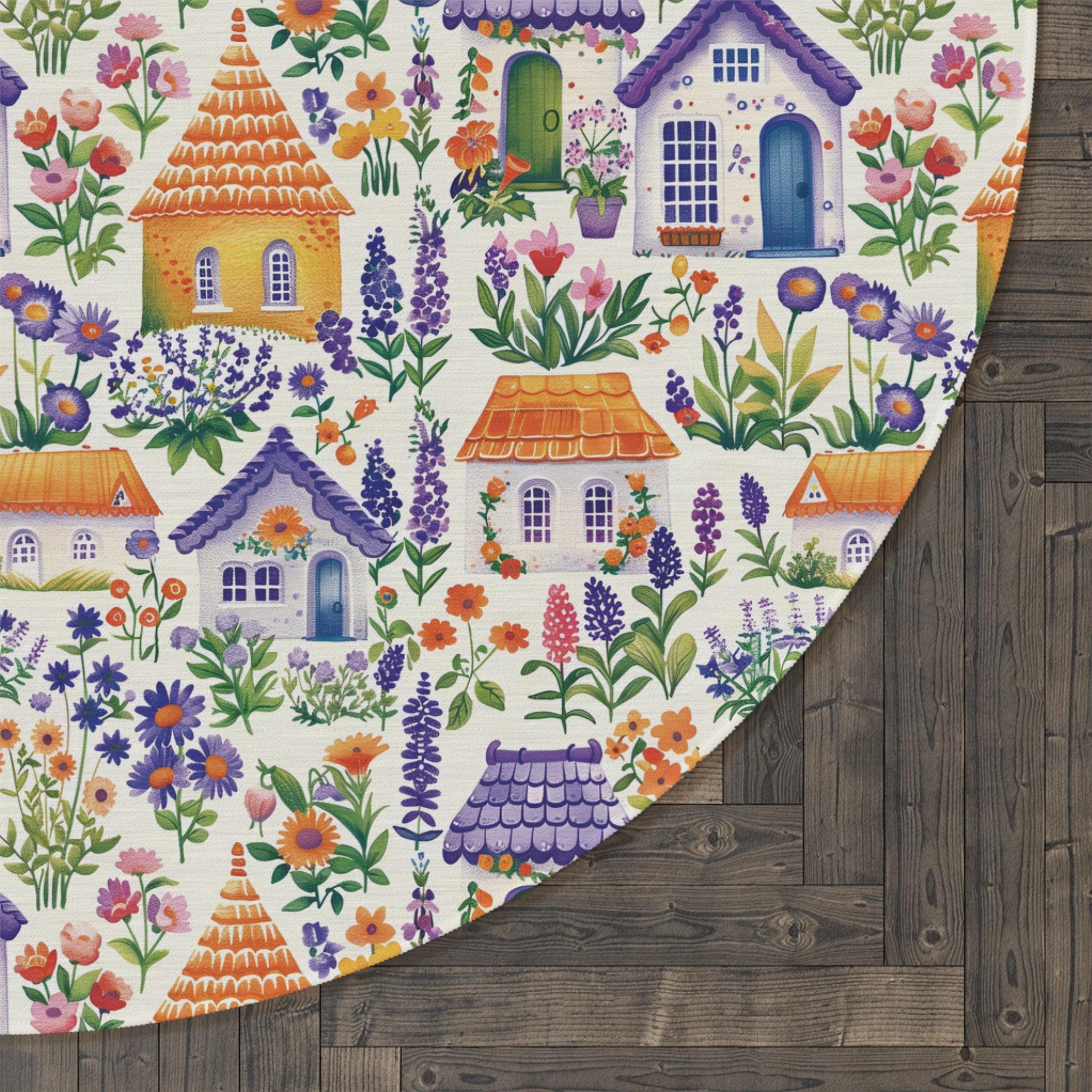 Boho Cottagecore Garden Houses Round Rug (60x60) Whimsical & Earthy Floor Decor Your Home Decor, Housewarming Gift Newlywed New House Rug interior Designer - MRSBYVALLE