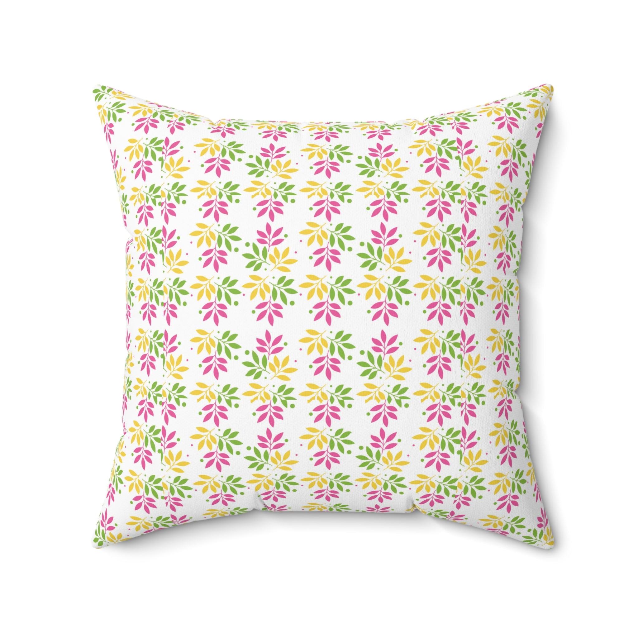 Boho Pink, Mint Green & Yellow Botanical Leaf Square Pillow Stylish Accent for Living Room, Bedroom or Outdoor Patio Decor Housewarming Gift New House, Bridal Shower Gift - MRSBYVALLE