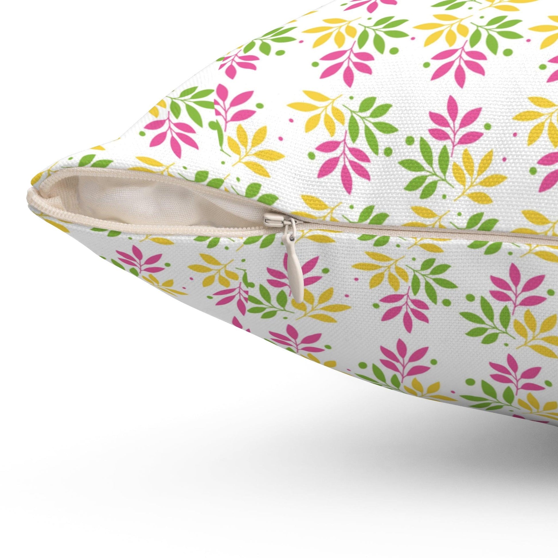 Boho Pink, Mint Green & Yellow Botanical Leaf Square Pillow Stylish Accent for Living Room, Bedroom or Outdoor Patio Decor Housewarming Gift New House, Bridal Shower Gift - MRSBYVALLE