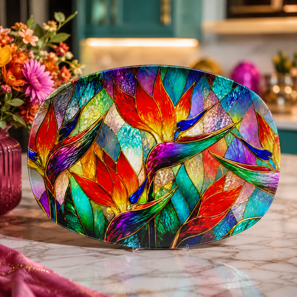 Bird of Paradise Stained Glass Illusion Serving Platter | Vibrant Tropical Floral Decorative Platter