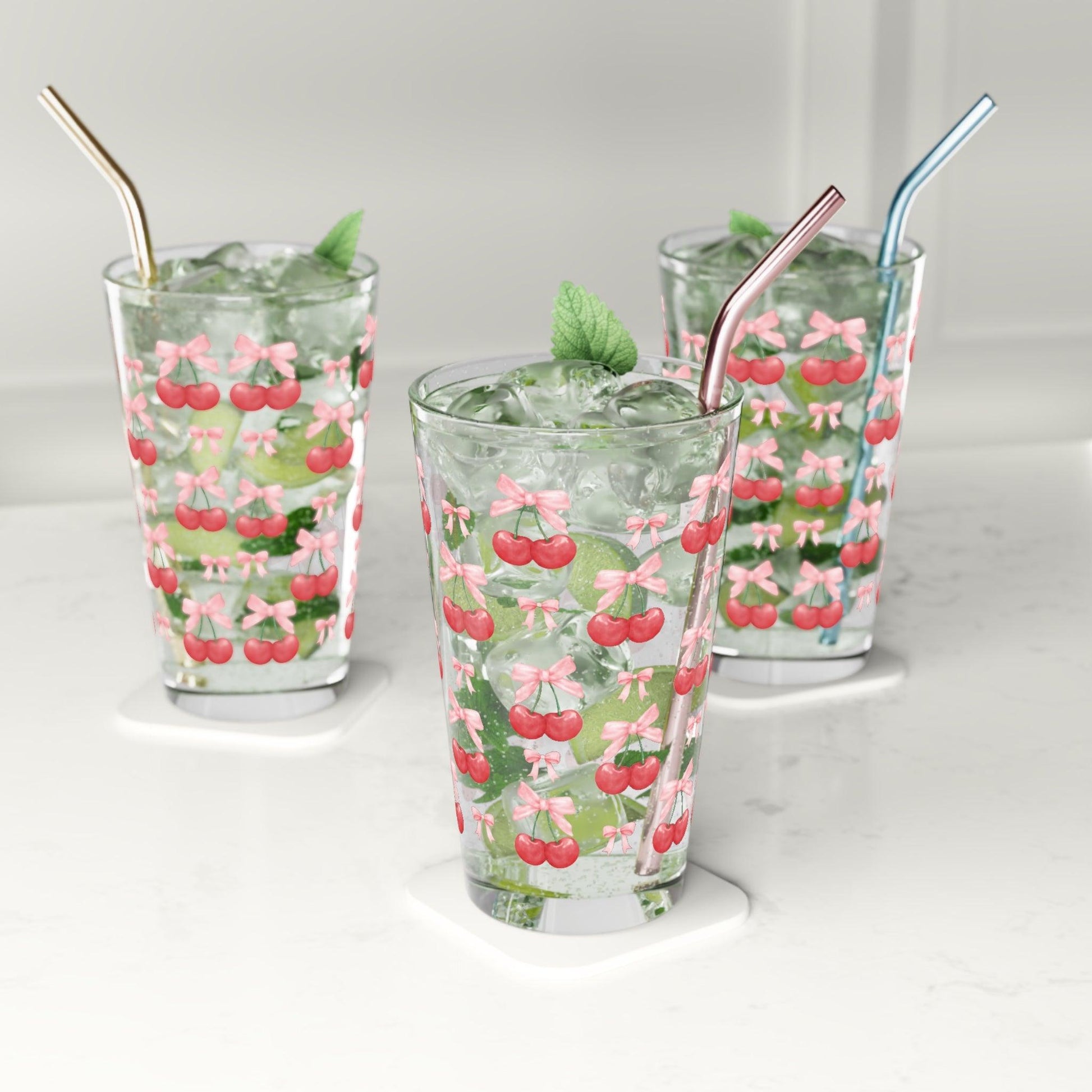 Cherries & Pink Bows Pint 16 Oz Glass Stylish & Durable Drinkware for Everyday Use, Perfect Gift Item Dishwasher Party Drinkware, Cocktail, Wedding Perfect for Parties Glassware, New House Gift - MRSBYVALLE