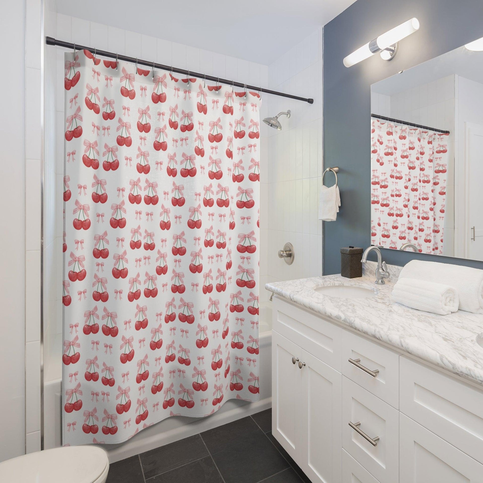 Cherries & Pink Bows Shower Curtain Add a Splash of Fun Style to Your Bathroom Decor, Durable & Easy-to-Clean 71x74 Inches Nature-Inspired Oasis in Your Bathroom Housewarming New House Gift Newlywed Wedding Gift - MRSBYVALLE