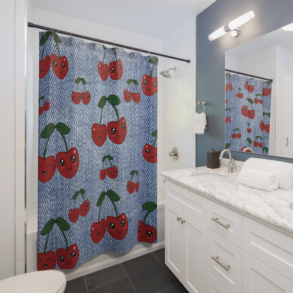 Chic Faux Denim Shower Curtain with Vibrant Cherry Accents Perfect Blend of Style & Functionality for Your Bathroom Decor71x74 Bathroom Housewarming New House Gift Newlywed Wedding Gift - MRSBYVALLE
