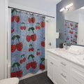 Chic Faux Denim Shower Curtain with Vibrant Cherry Accents Perfect Blend of Style & Functionality for Your Bathroom Decor71x74 Bathroom Housewarming New House Gift Newlywed Wedding Gift - MRSBYVALLE