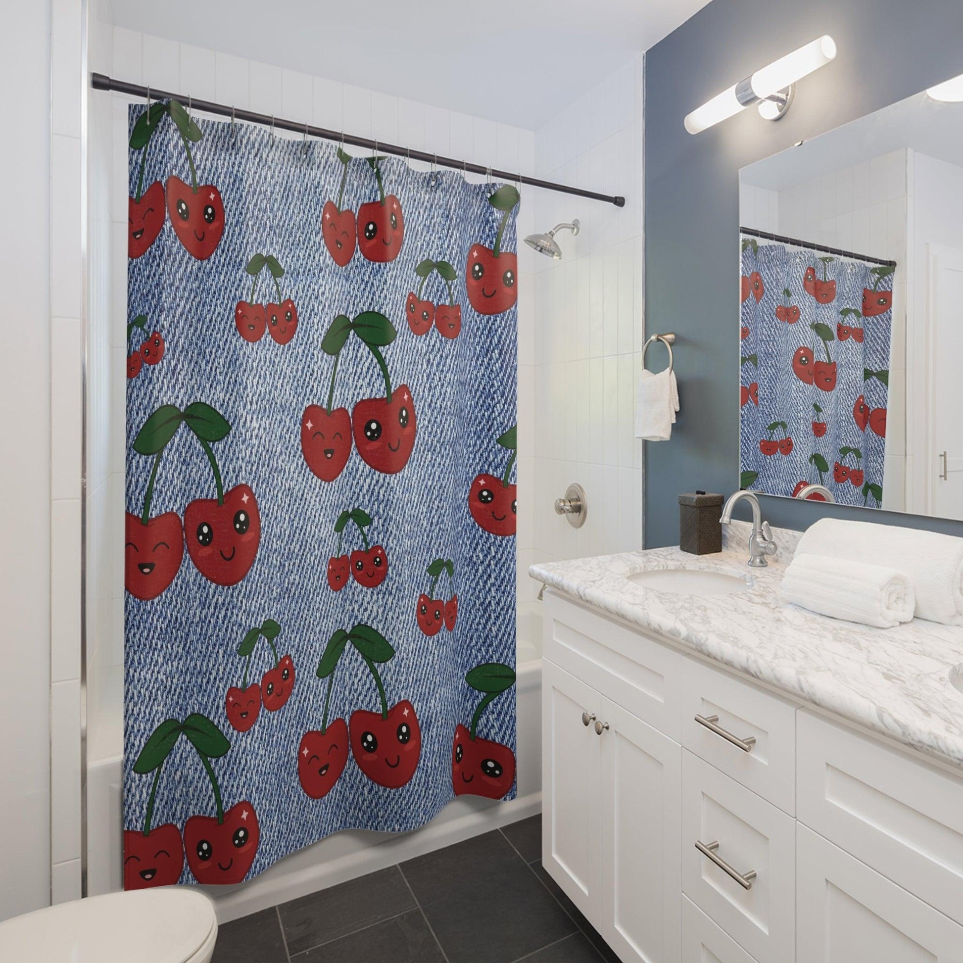 Chic Faux Denim Shower Curtain with Vibrant Cherry Accents Perfect Blend of Style & Functionality for Your Bathroom Decor71x74 Bathroom Housewarming New House Gift Newlywed Wedding Gift - MRSBYVALLE