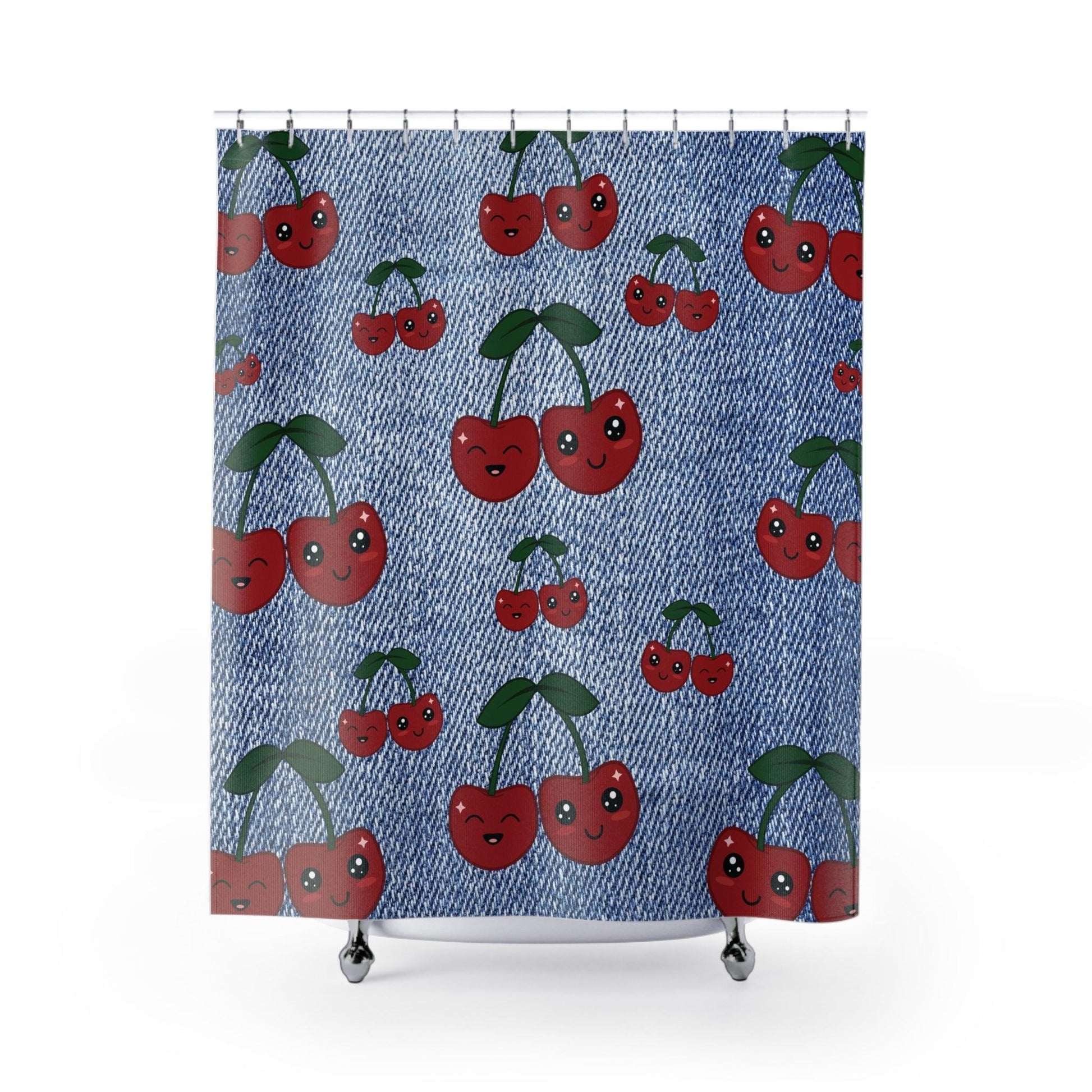 Chic Faux Denim Shower Curtain with Vibrant Cherry Accents Perfect Blend of Style & Functionality for Your Bathroom Decor71x74 Bathroom Housewarming New House Gift Newlywed Wedding Gift - MRSBYVALLE