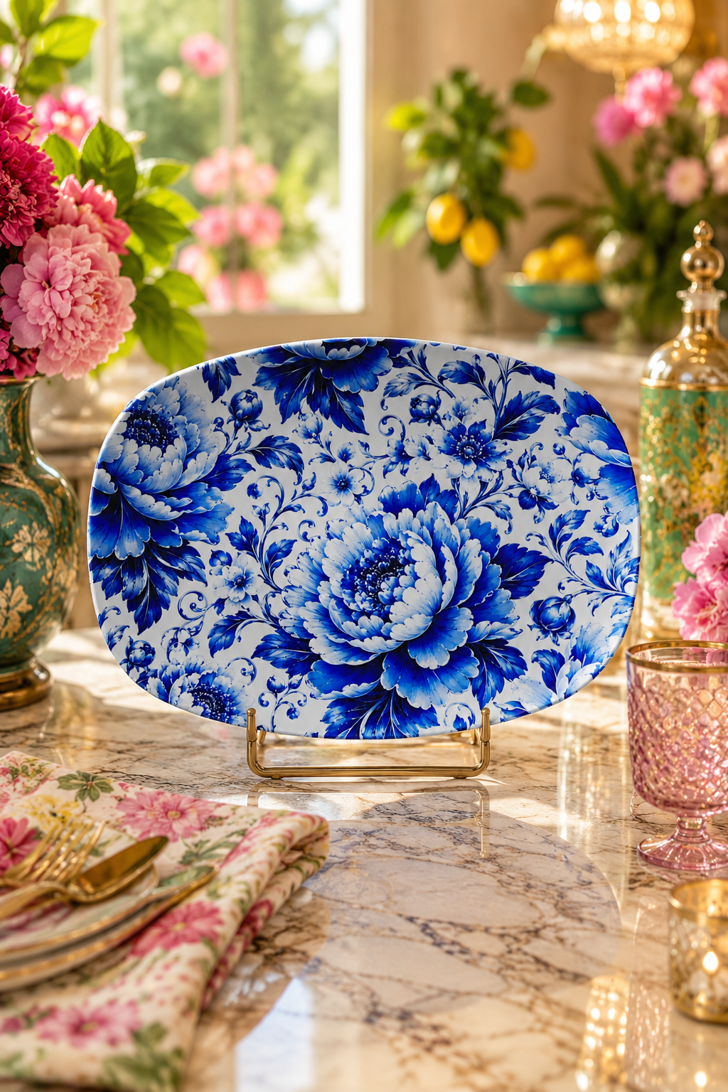 Luxury Blue & White Chinoiserie Peony Serving Platter | Elegant Table Decor
