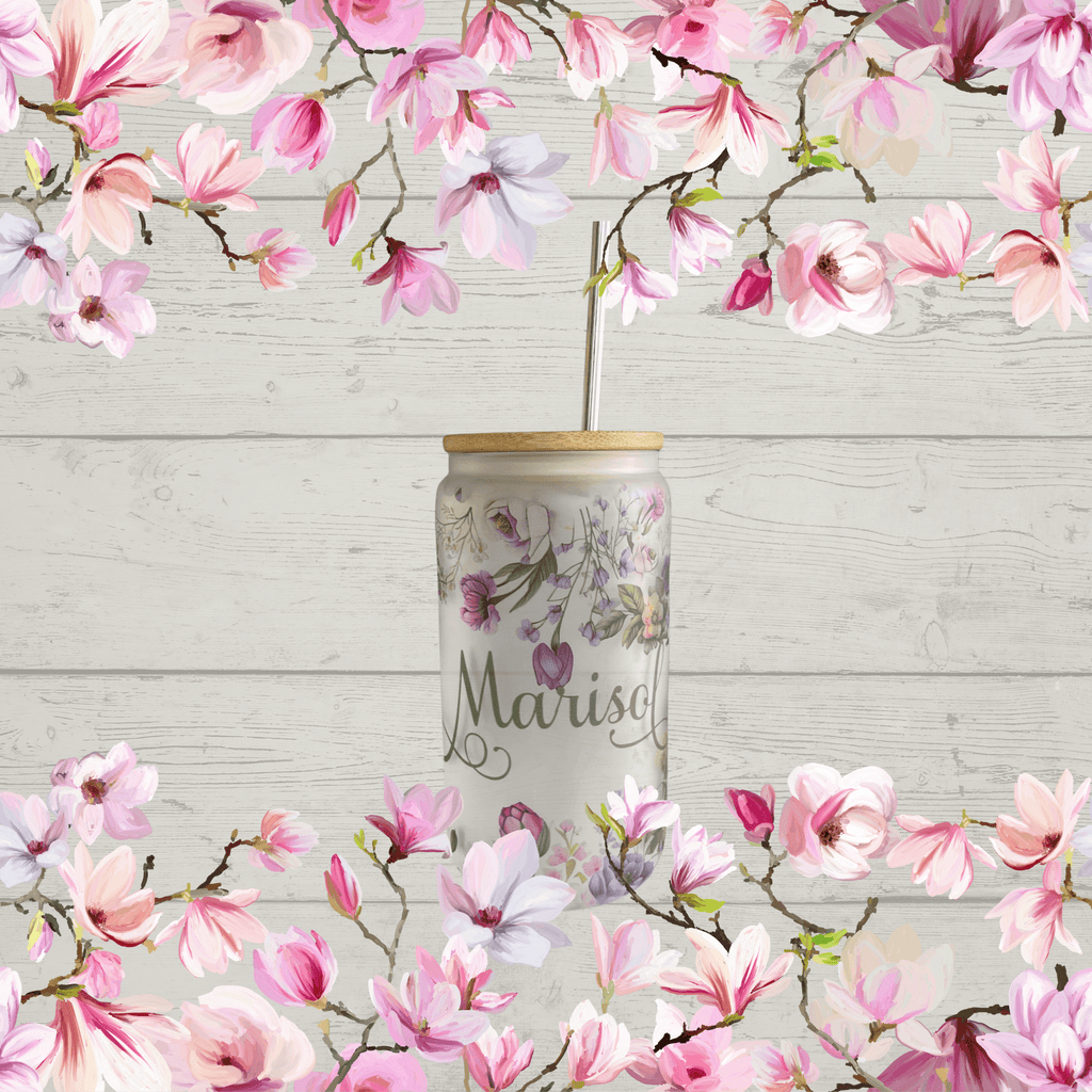 Custom Frosted 16 OZ Iced Coffee Glass | Personalized Cups Frosted Glass Tumbler Floral Beer Glass Can Gift for Her Mom's Gift - MRSBYVALLE