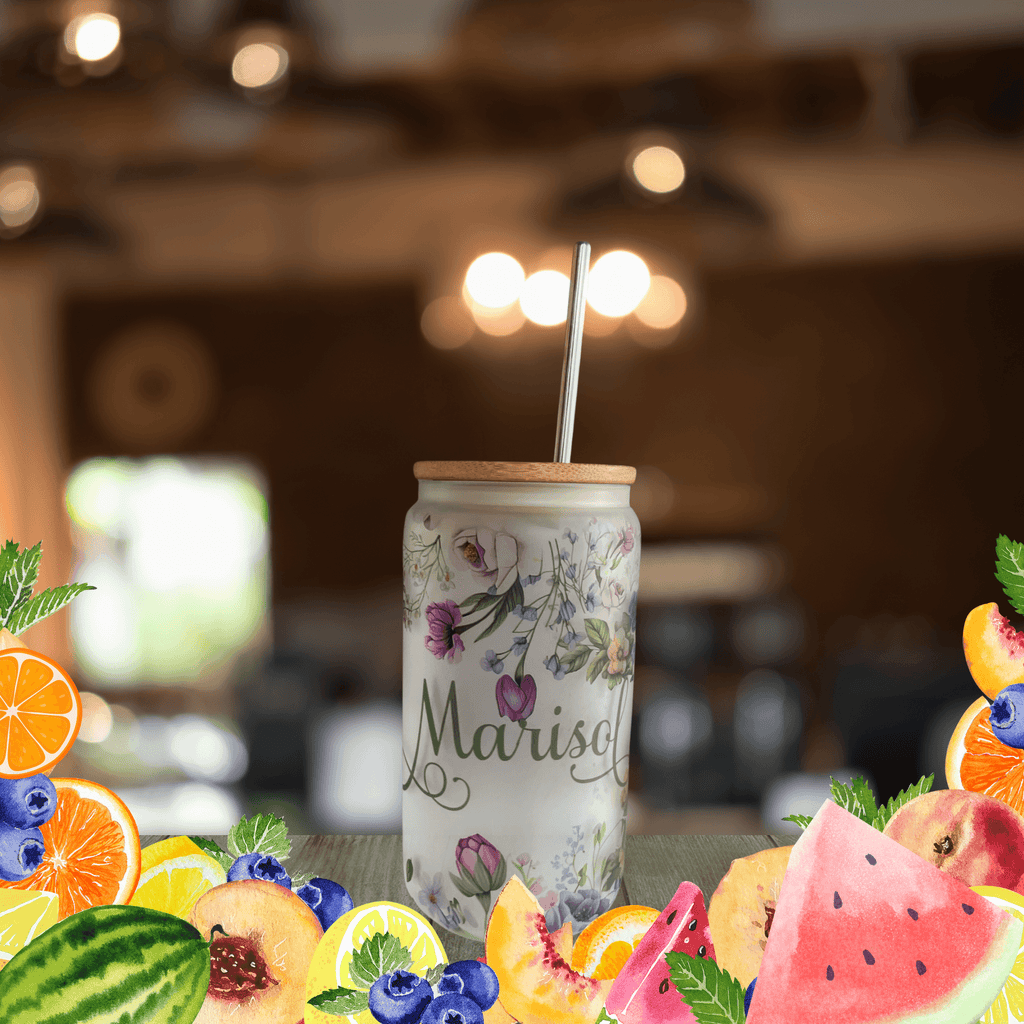 Custom Frosted 16 OZ Iced Coffee Glass | Personalized Cups Frosted Glass Tumbler Floral Beer Glass Can Gift for Her Mom's Gift - MRSBYVALLE