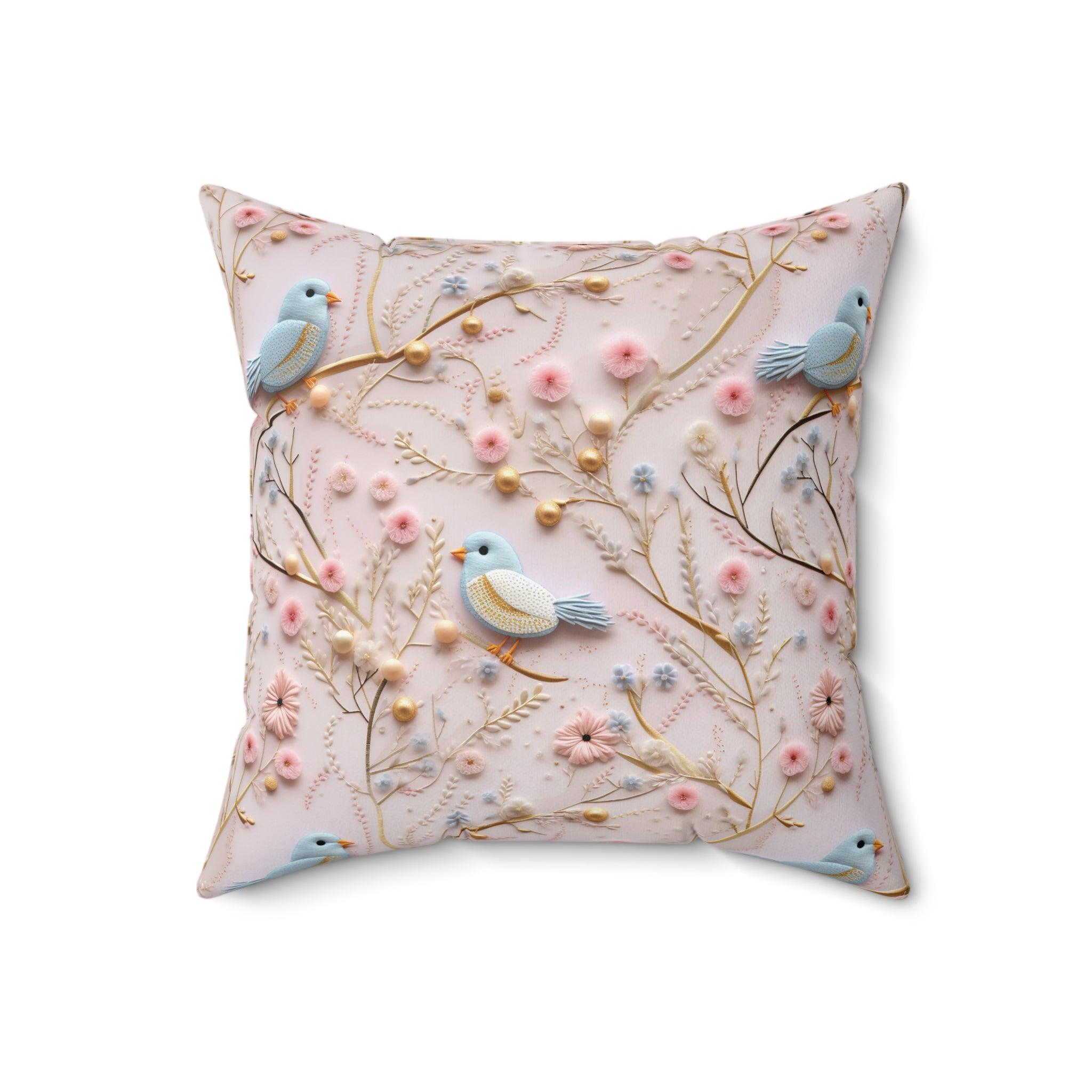 Enchanting 3D Faux Embroidery Birds and Flowers Throw Pillow Artistry Meets Comfort Home Decor New House Couple Gift Housewarming Gift, New House Gift - MRSBYVALLE