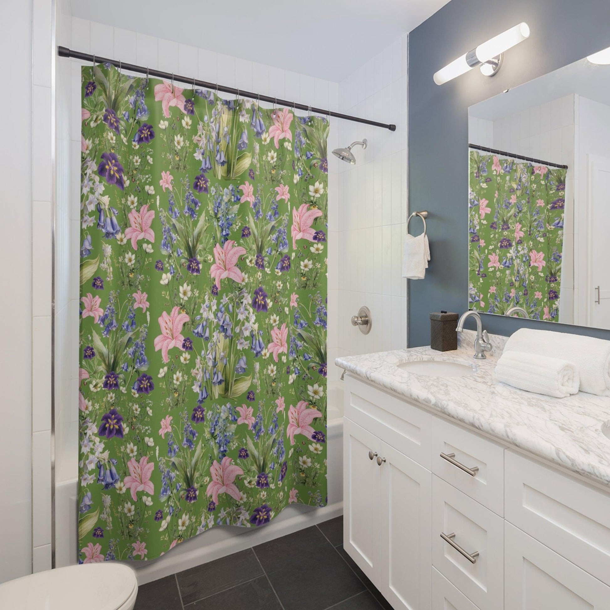 Green and Pink Shower Curtain Tropical Enchanting Floral Modern Bathroom Decor Bathroom Decor Housewarming New House Gift Newlywed Wedding Gift - MRSBYVALLE