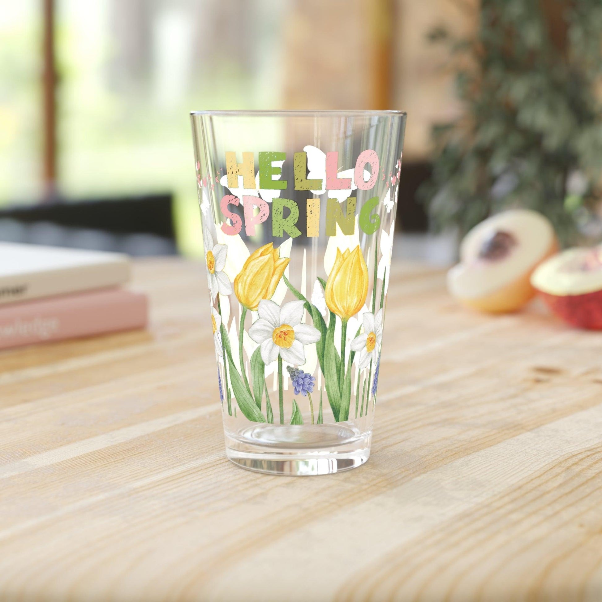 Hello Spring Pink, Yellow Purple Watercolor Pastel Floral 16oz Pint Glass Gifts, Party Drinkware, Cocktail, Wedding Perfect for Parties Glassware, New House Gift - MRSBYVALLE