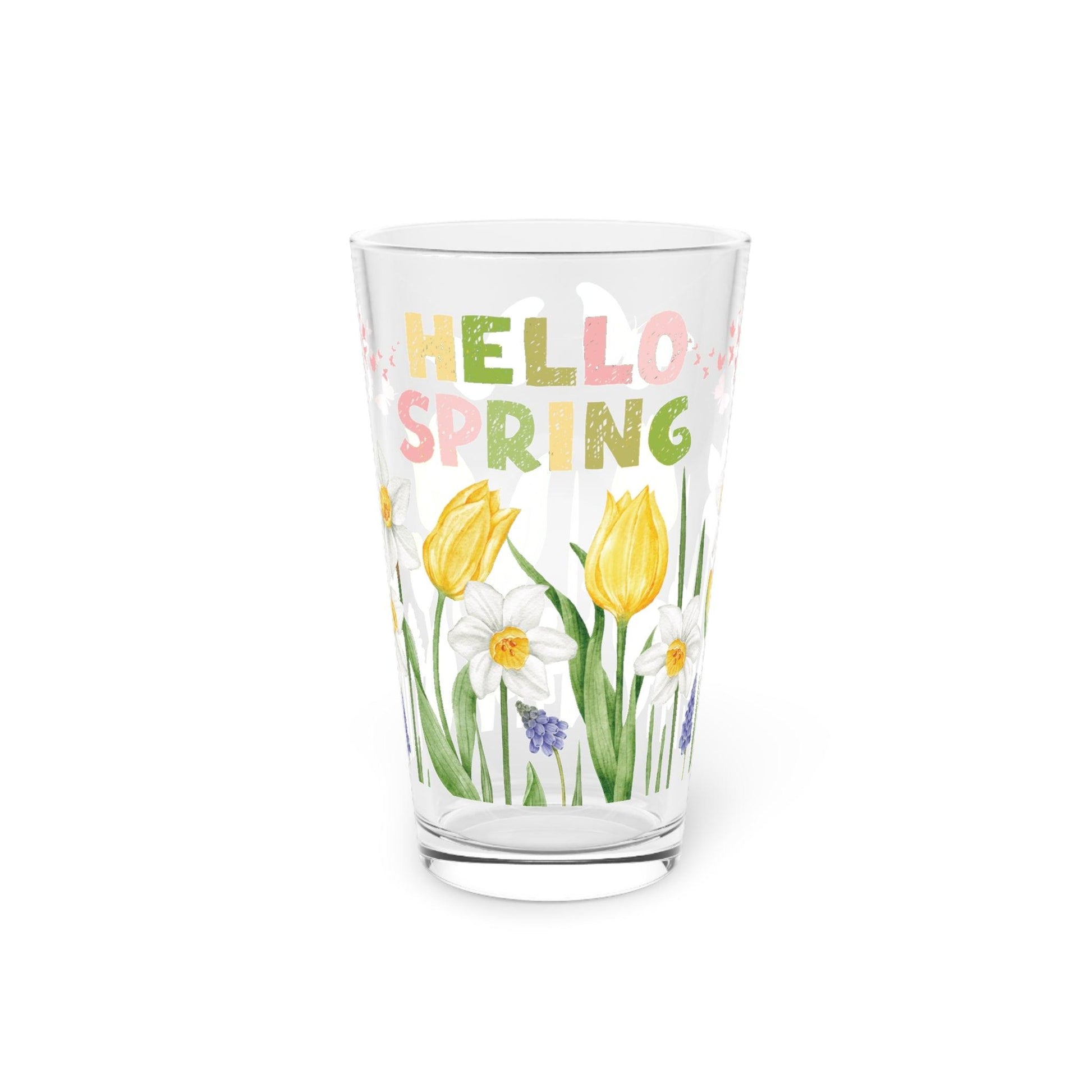 Hello Spring Pink, Yellow Purple Watercolor Pastel Floral 16oz Pint Glass Gifts, Party Drinkware, Cocktail, Wedding Perfect for Parties Glassware, New House Gift - MRSBYVALLE
