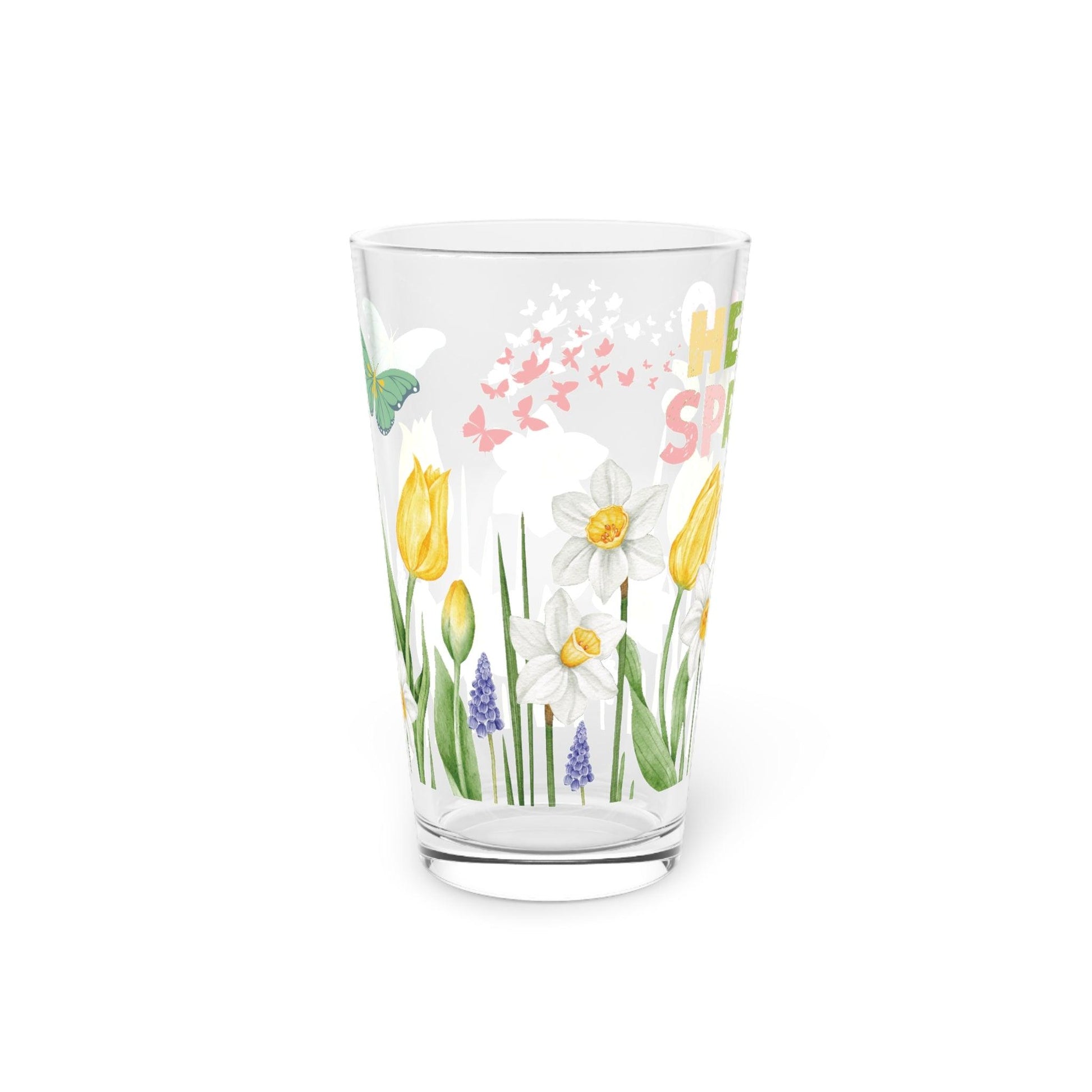 Hello Spring Pink, Yellow Purple Watercolor Pastel Floral 16oz Pint Glass Gifts, Party Drinkware, Cocktail, Wedding Perfect for Parties Glassware, New House Gift - MRSBYVALLE