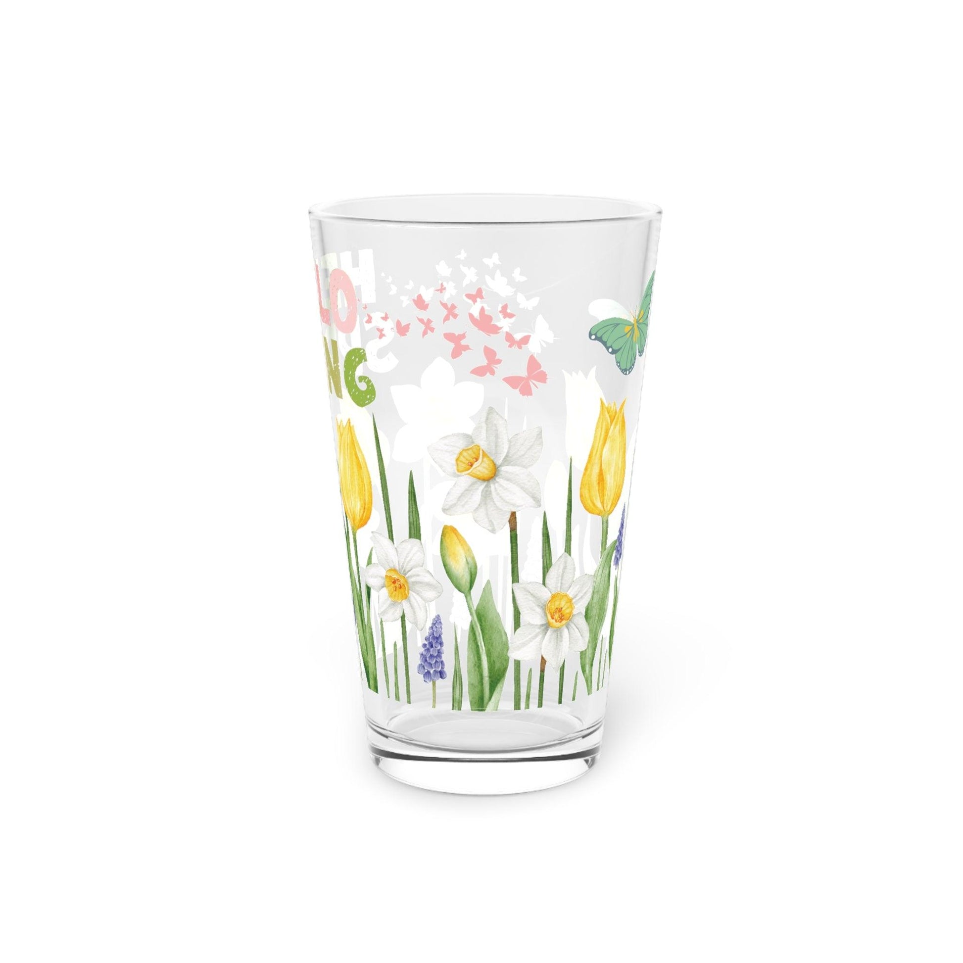 Hello Spring Pink, Yellow Purple Watercolor Pastel Floral 16oz Pint Glass Gifts, Party Drinkware, Cocktail, Wedding Perfect for Parties Glassware, New House Gift - MRSBYVALLE