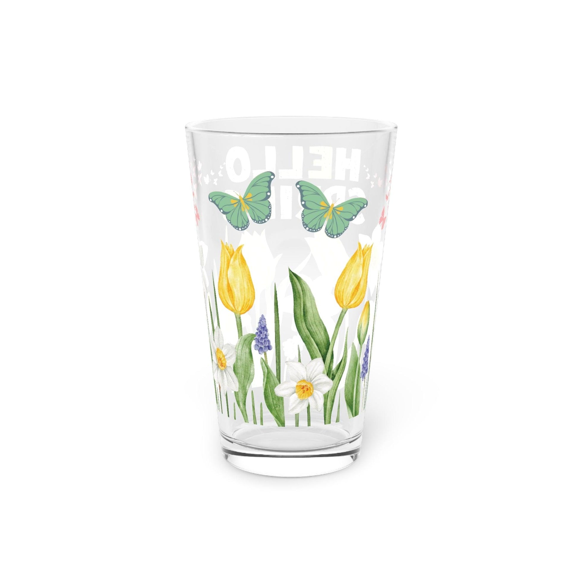 Hello Spring Pink, Yellow Purple Watercolor Pastel Floral 16oz Pint Glass Gifts, Party Drinkware, Cocktail, Wedding Perfect for Parties Glassware, New House Gift - MRSBYVALLE