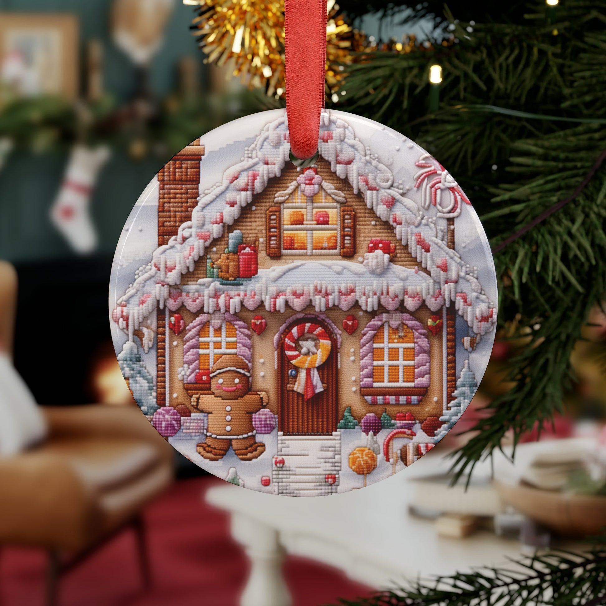 Gingerbread Man House Cross-Stitch Design - Charming Handmade Embroidery Pattern Acrylic Ornament with Ribbon| Home Decor| Gift for Her - MRSBYVALLE