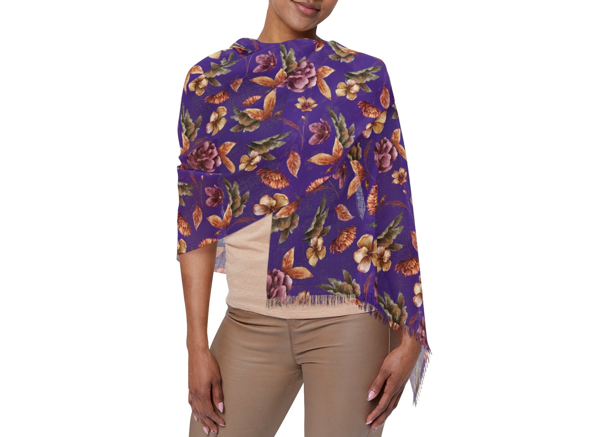 Purple and Orange Blossom Elegance Lightweight Floral Scarf for All Seasons Elegant Blossom Floral Evening Shawl Lightweight Floral - MRSBYVALLE