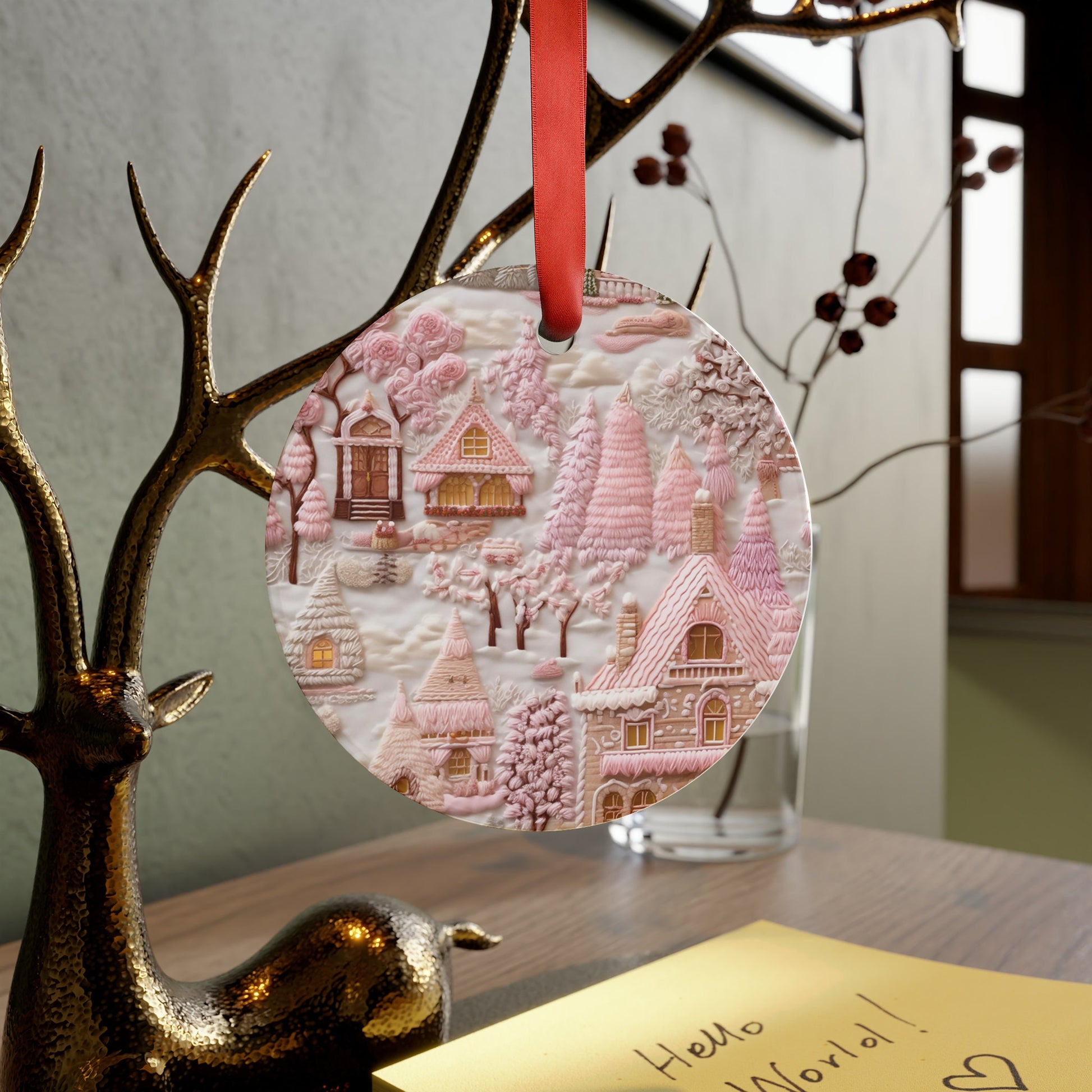 Pink Vintage Embroidered Design Village Acrylic Ornament Light Pink Home Decor| Clients Gift or Coworkers Group Present Festive Home Decor - MRSBYVALLE