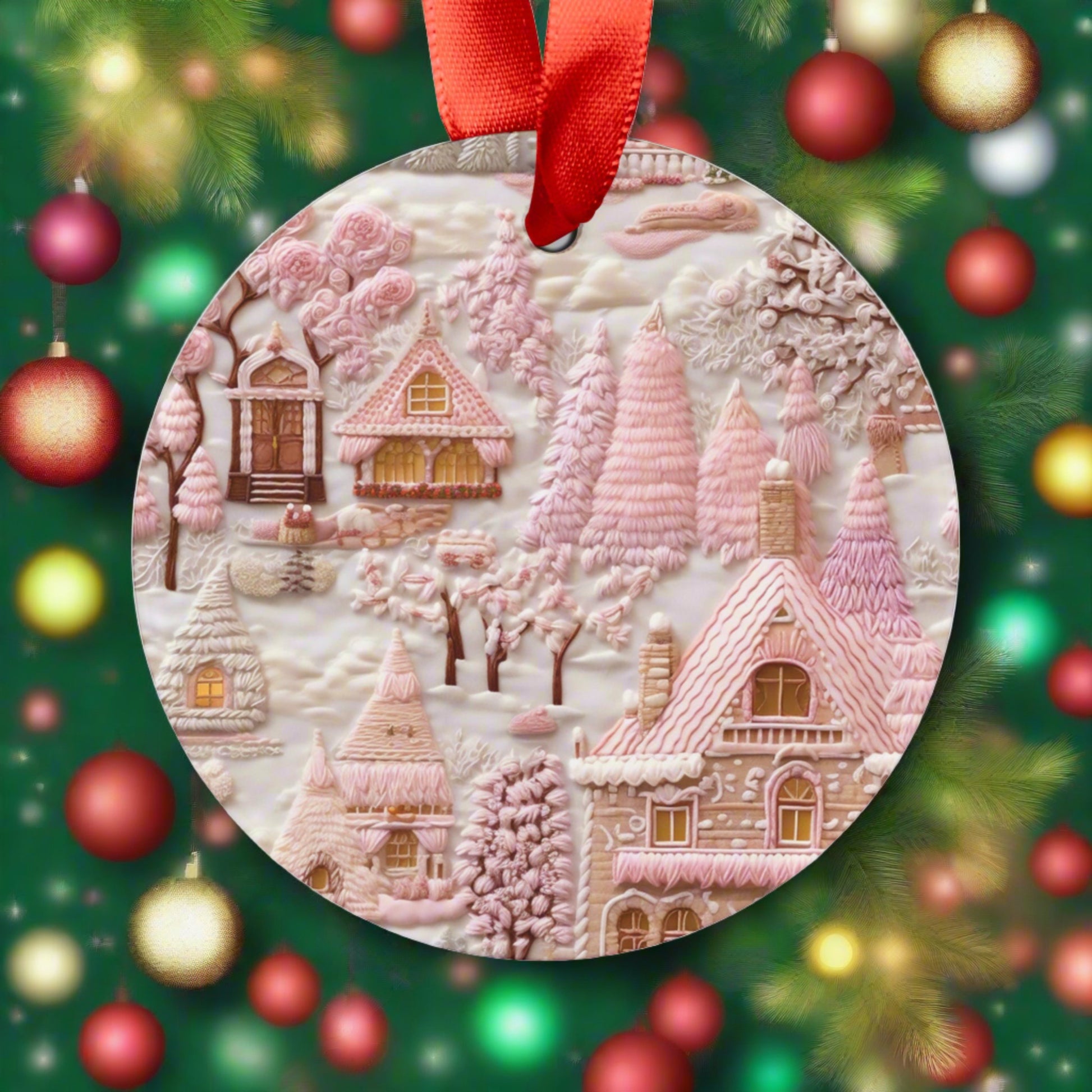 Pink Vintage Embroidered Design Village Acrylic Ornament Light Pink Home Decor| Clients Gift or Coworkers Group Present Festive Home Decor - MRSBYVALLE