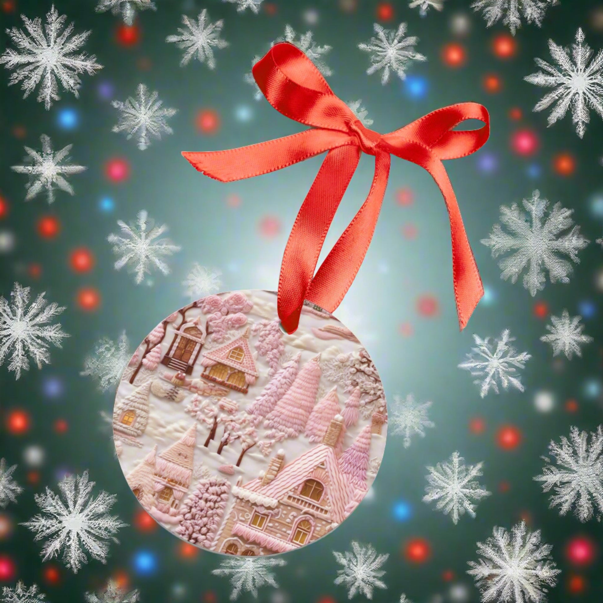 Pink Vintage Embroidered Design Village Acrylic Ornament Light Pink Home Decor| Clients Gift or Coworkers Group Present Festive Home Decor - MRSBYVALLE
