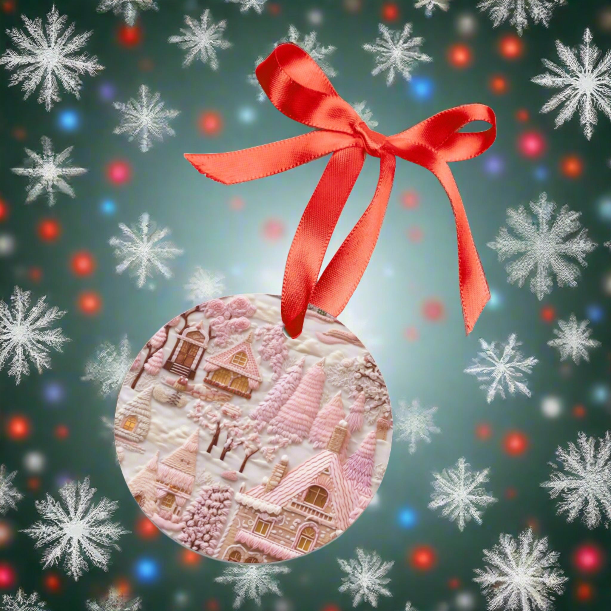 Pink Vintage Embroidered Design Village Acrylic Ornament Light Pink Home Decor| Clients Gift or Coworkers Group Present Festive Home Decor - MRSBYVALLE