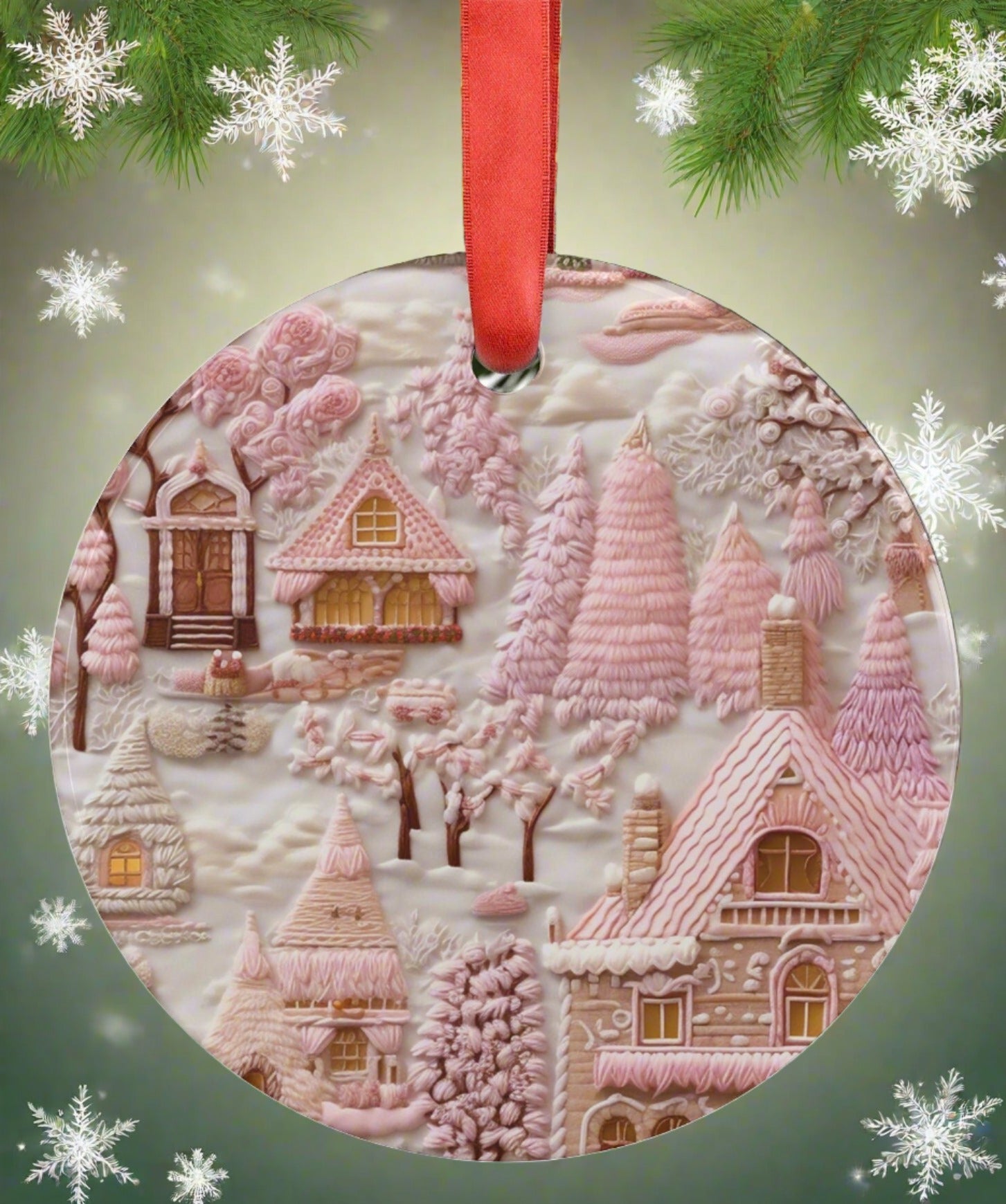 Pink Vintage Embroidered Design Village Acrylic Ornament Light Pink Home Decor| Clients Gift or Coworkers Group Present Festive Home Decor - MRSBYVALLE