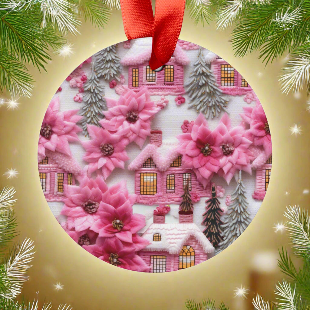 Enchanted Pink Village 3D Illusion Embroidery Ornament Acrylic Ornament Home Decor Clients Gift or Coworkers Group Present Festive Home - MRSBYVALLE