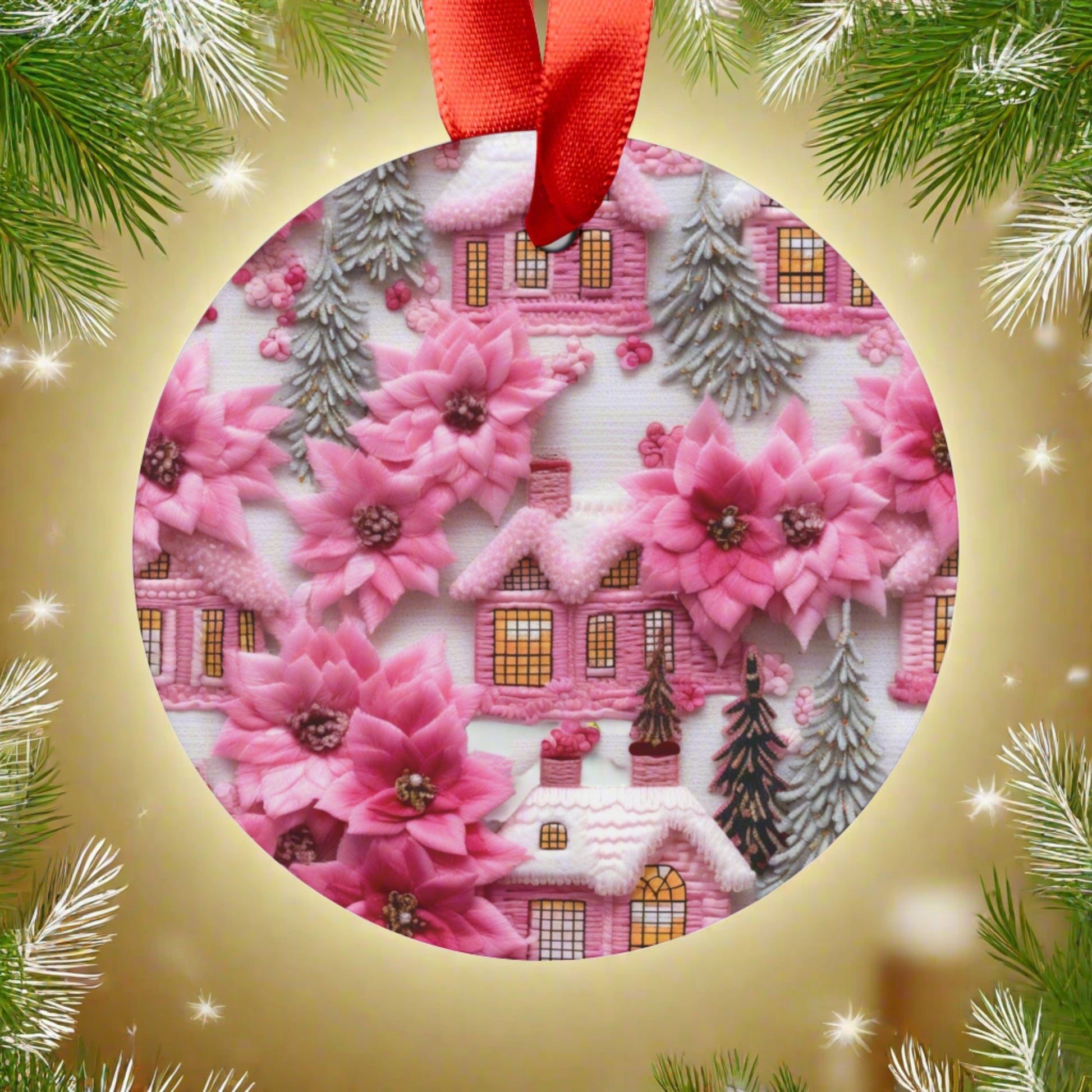 Enchanted Pink Village 3D Illusion Embroidery Ornament Acrylic Ornament Home Decor Clients Gift or Coworkers Group Present Festive Home - MRSBYVALLE