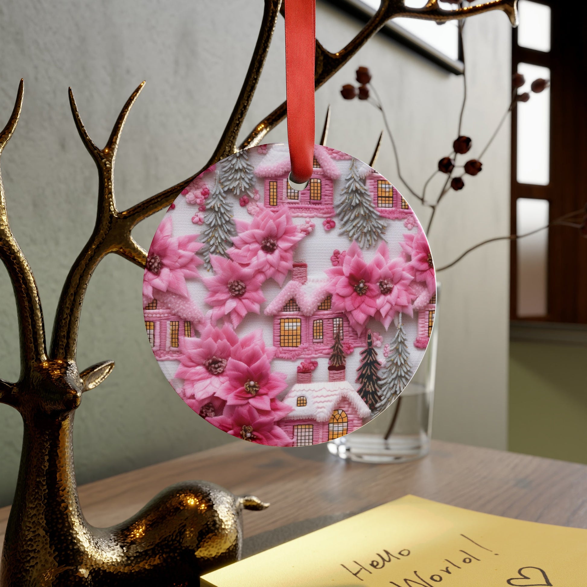 Enchanted Pink Village 3D Illusion Embroidery Ornament Acrylic Ornament Home Decor Clients Gift or Coworkers Group Present Festive Home - MRSBYVALLE