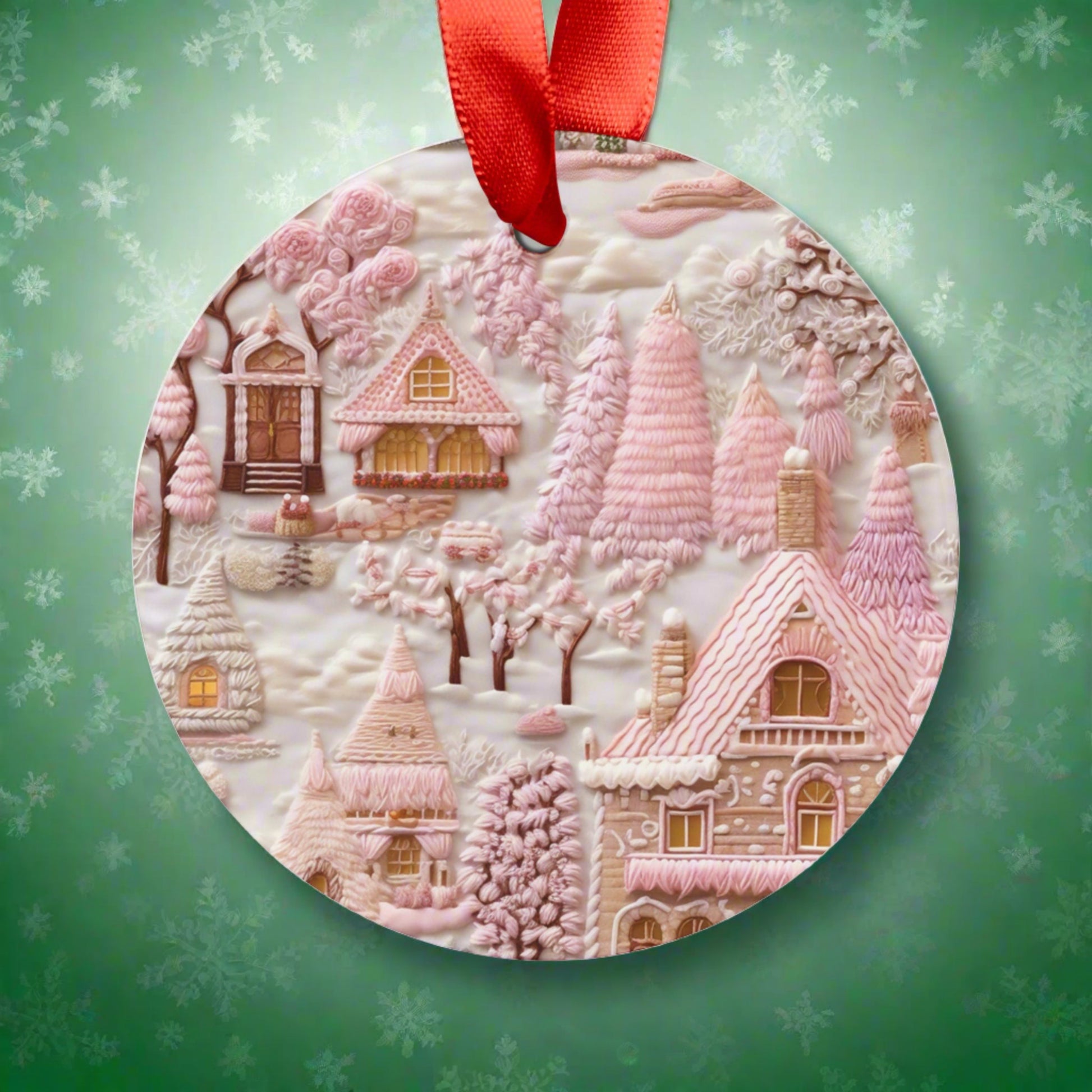 Pink Vintage Embroidered Design Village Acrylic Ornament Light Pink Home Decor| Clients Gift or Coworkers Group Present Festive Home Decor - MRSBYVALLE