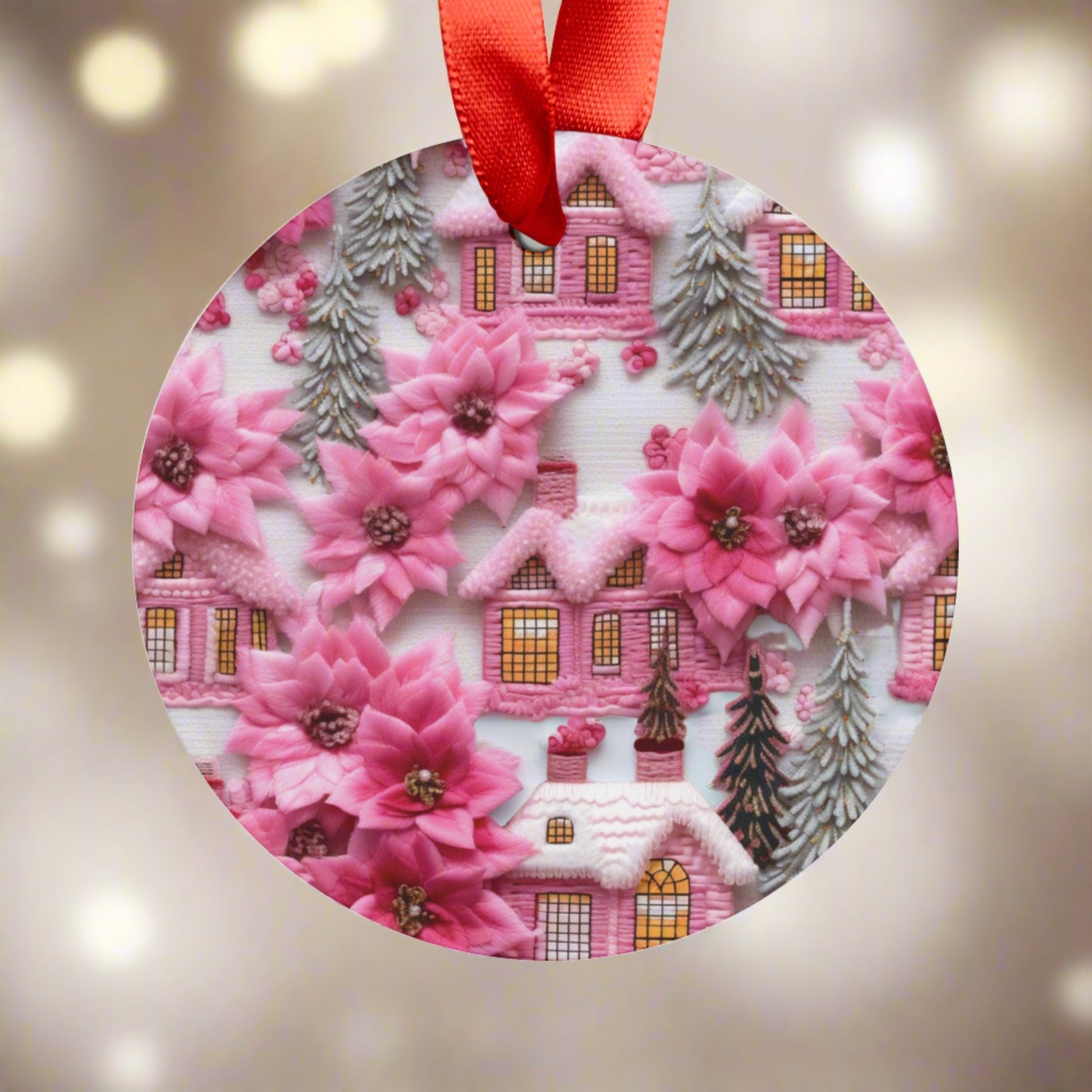 Enchanted Pink Village 3D Illusion Embroidery Ornament Acrylic Ornament Home Decor Clients Gift or Coworkers Group Present Festive Home - MRSBYVALLE