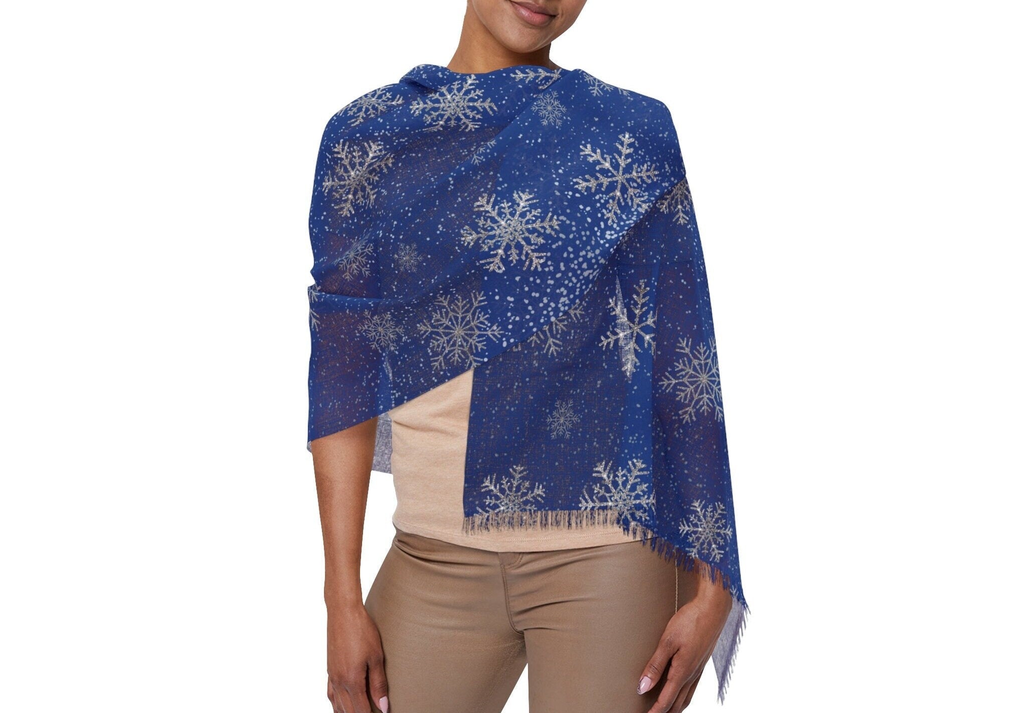 Midnight Frost Navy & Silver Snowflakes Scarf Lightweight Starry Snowfall Navy Silver Snowflakes Elegance Scarf All Seasons - MRSBYVALLE