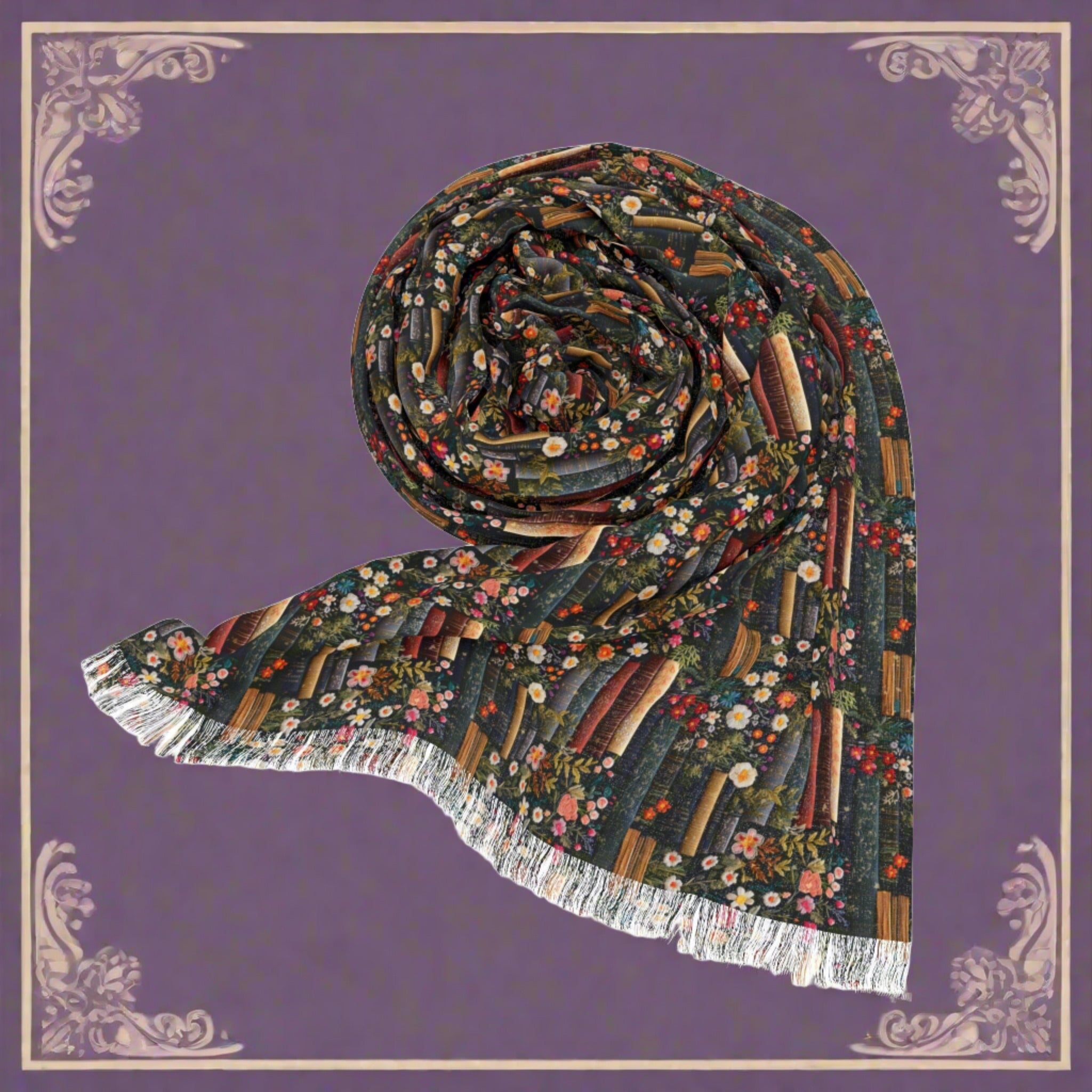 Books and Floral Elegance Scarf Botanical-Inspired Fashion Accessory Lightweight Elegant Timeless Perfect for Party, Wedding all occasion - MRSBYVALLE