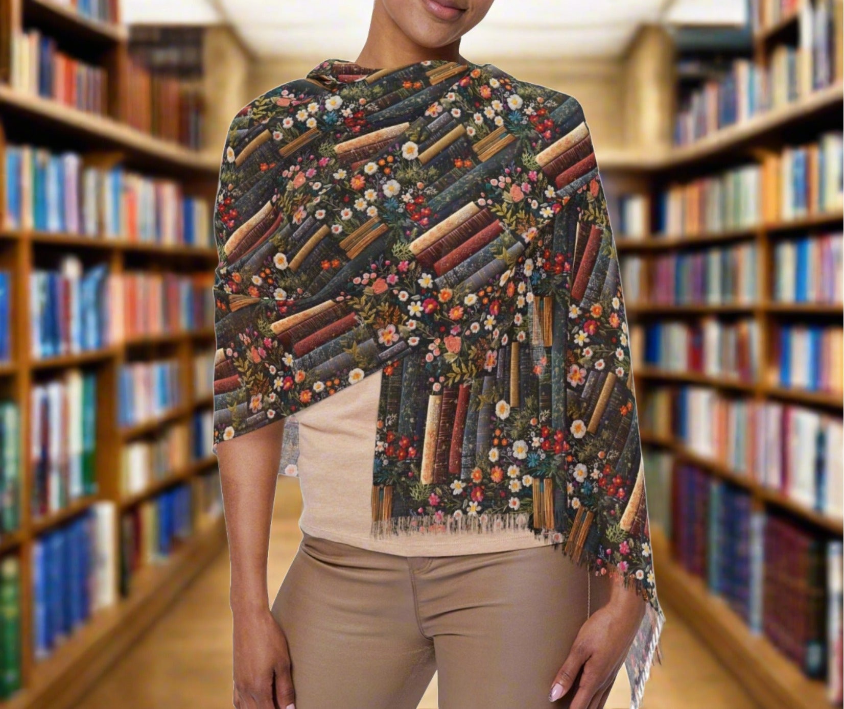 Books and Floral Elegance Scarf Botanical-Inspired Fashion Accessory Lightweight Elegant Timeless Perfect for Party, Wedding all occasion - MRSBYVALLE