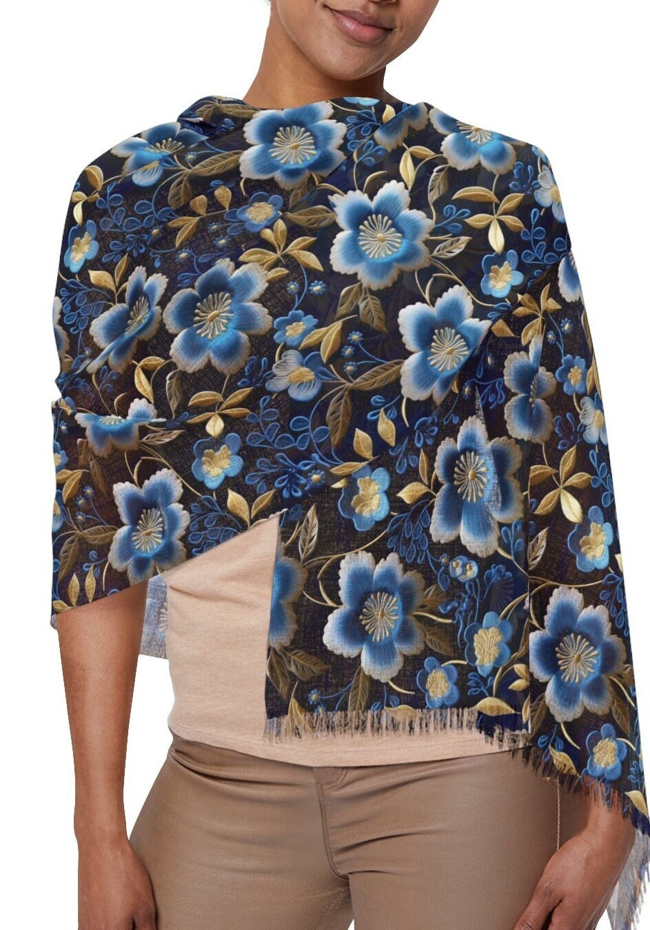 Elegant Navy and Gold Floral Scarf Lightweight Elegant Navy Gold Floral Timeless Fashion Accessory Perfect for Party, Wedding all occasion - MRSBYVALLE