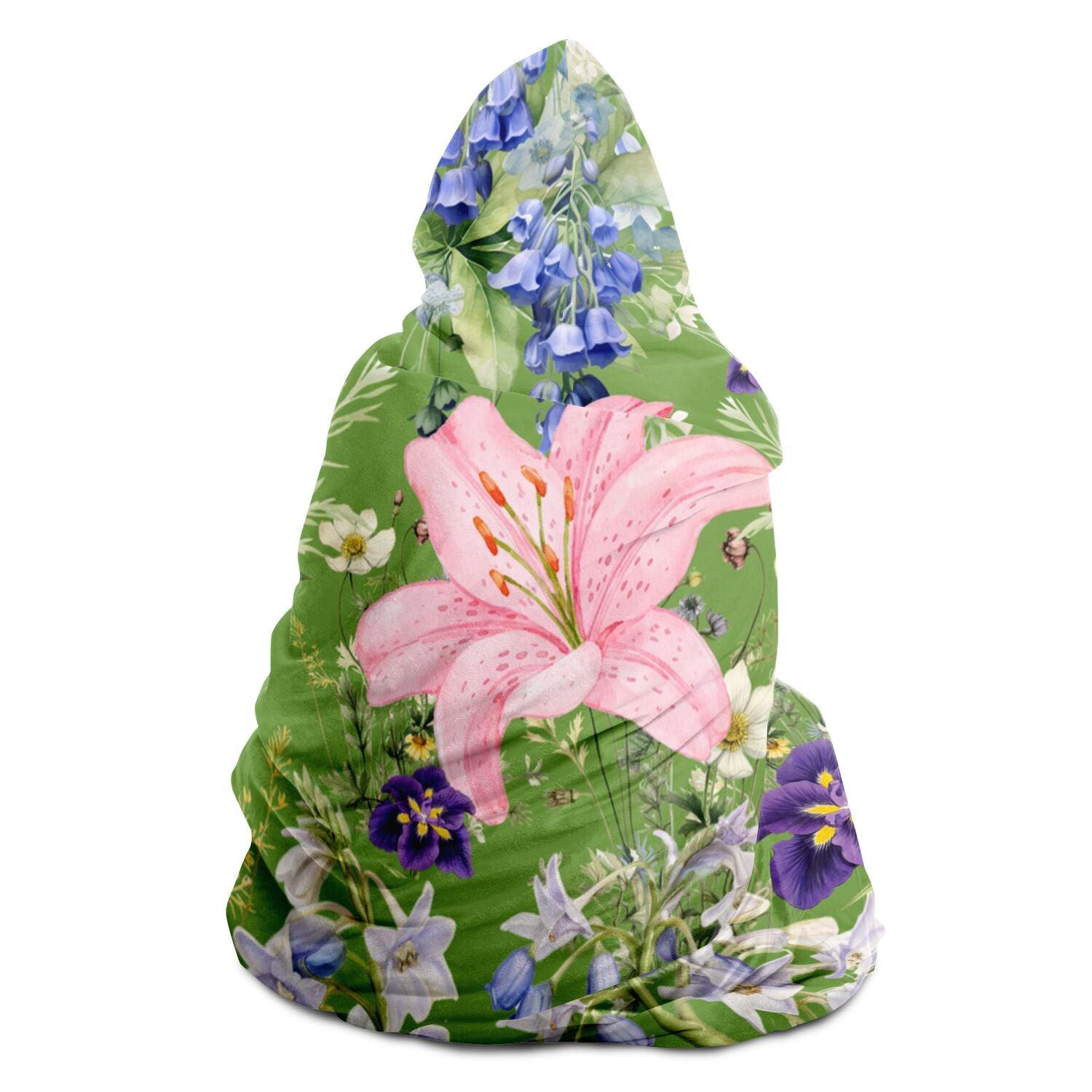 Luxurious Green Hooded Blanket with Purple & Pink Flower Design Cozy, Warm, Perfect for Snuggling Indoors & Outdoors - MRSBYVALLE